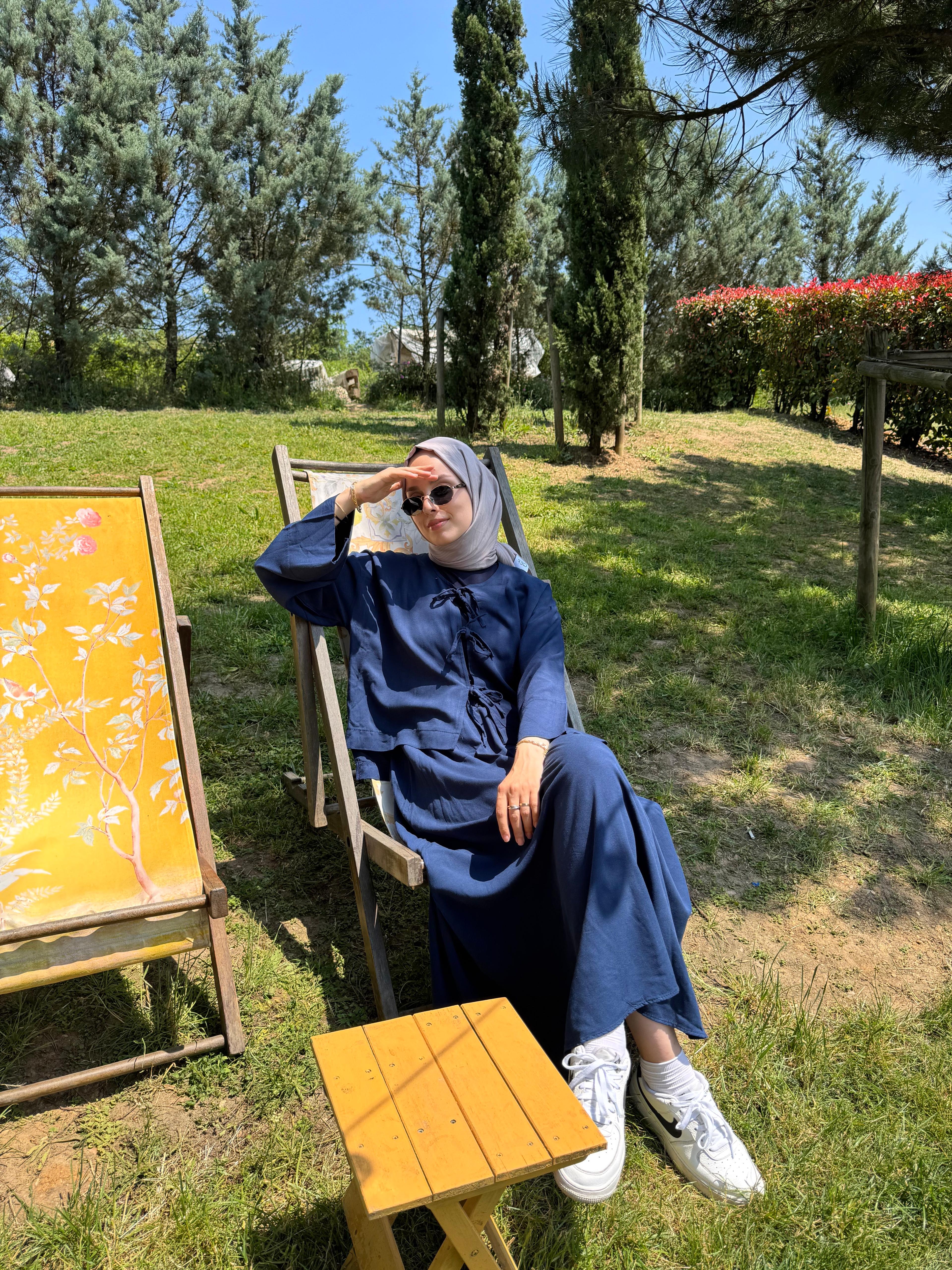Bağlama Detaylı Keten Etek Takım Lacivert