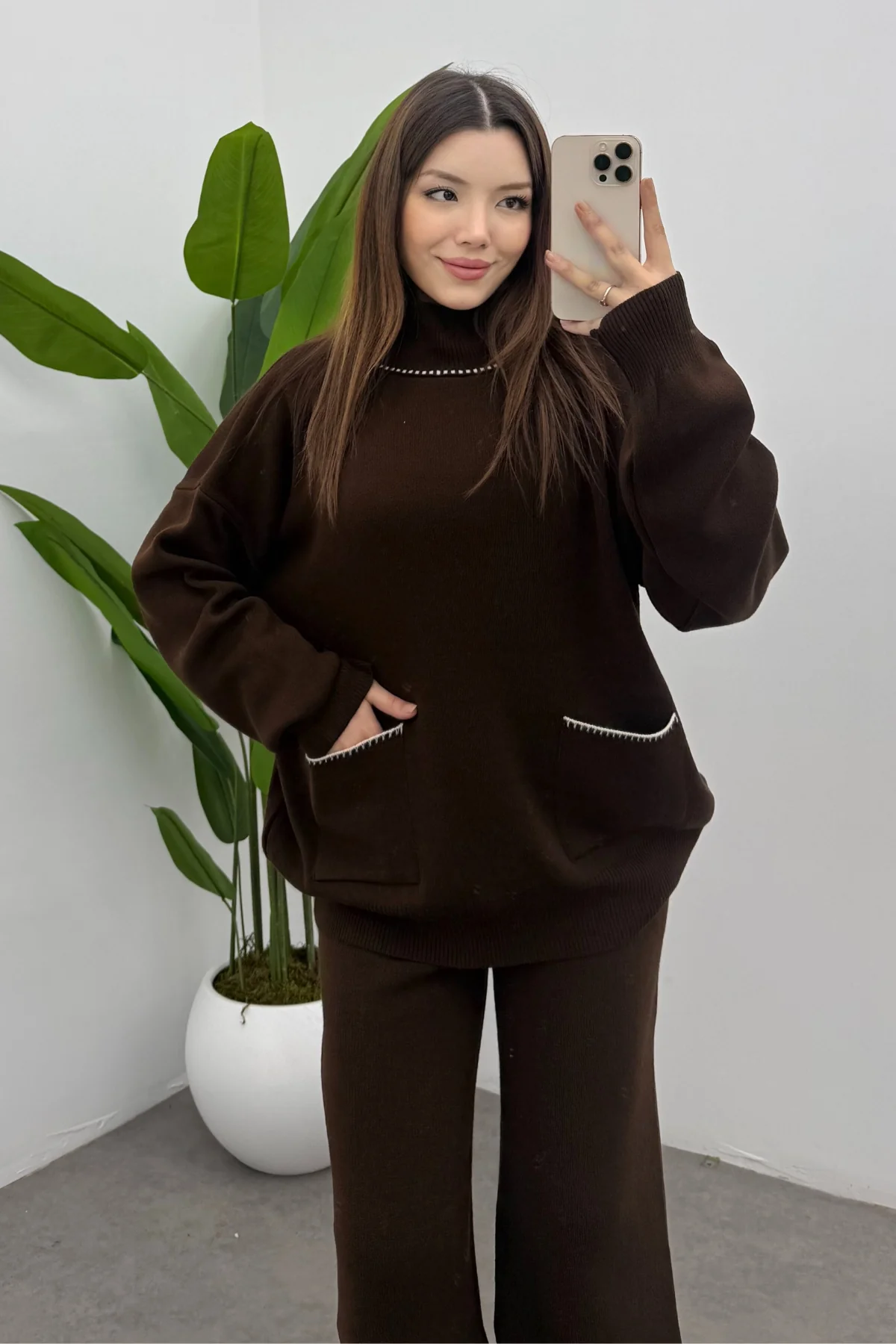 Balıkçı Yaka Kazak Pantolon Triko Takım- Kahverengi