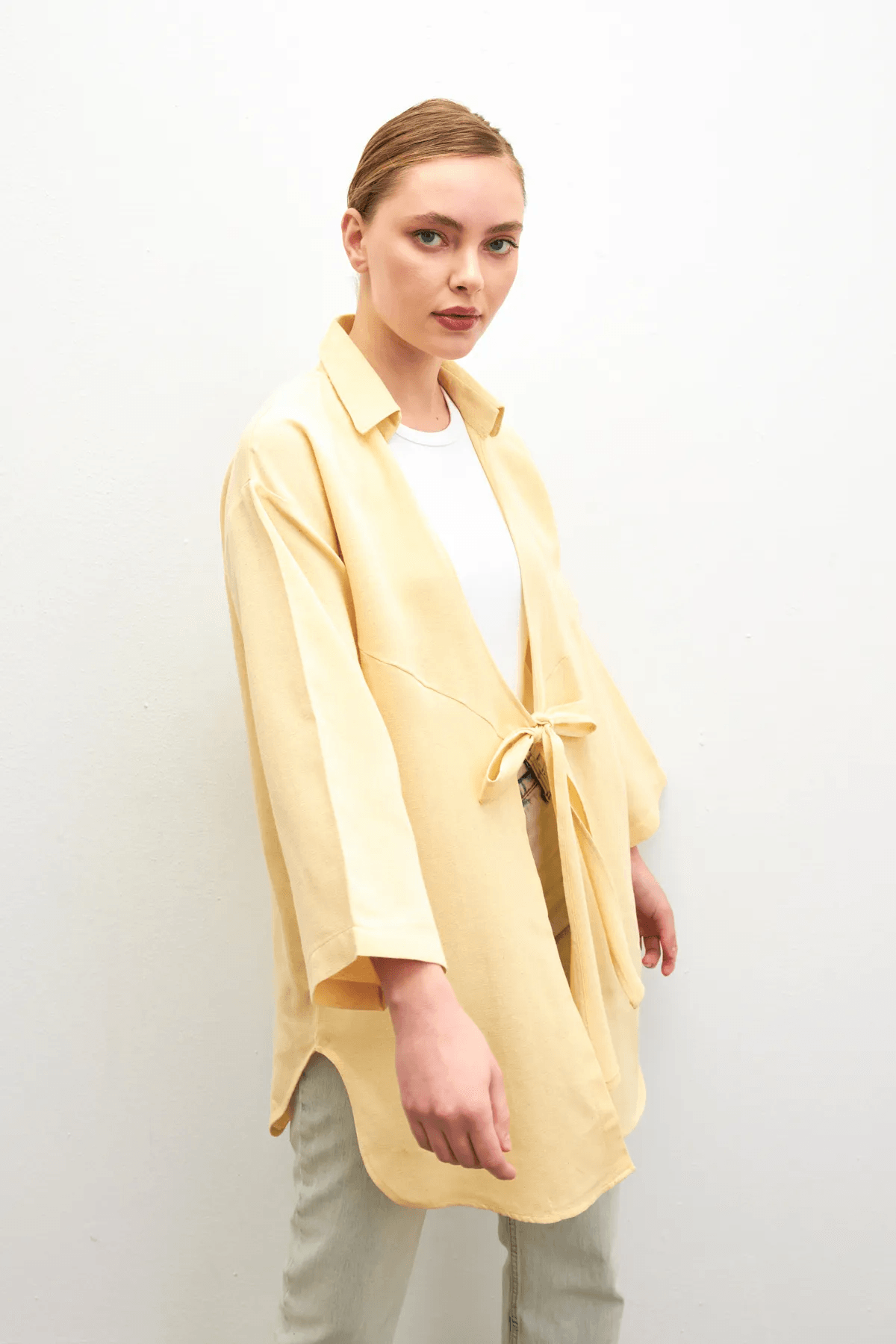 Pastel Sarı Bağlama Detaylı Flam Keten Kimono