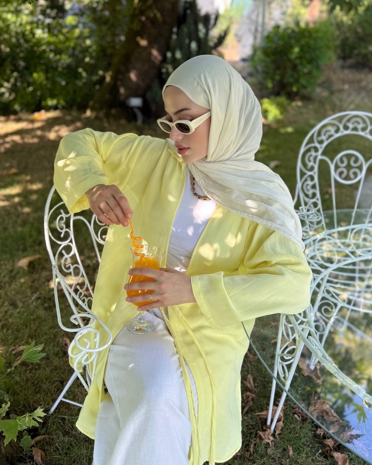 Pastel Sarı Bağlama Detaylı Flam Keten Kimono