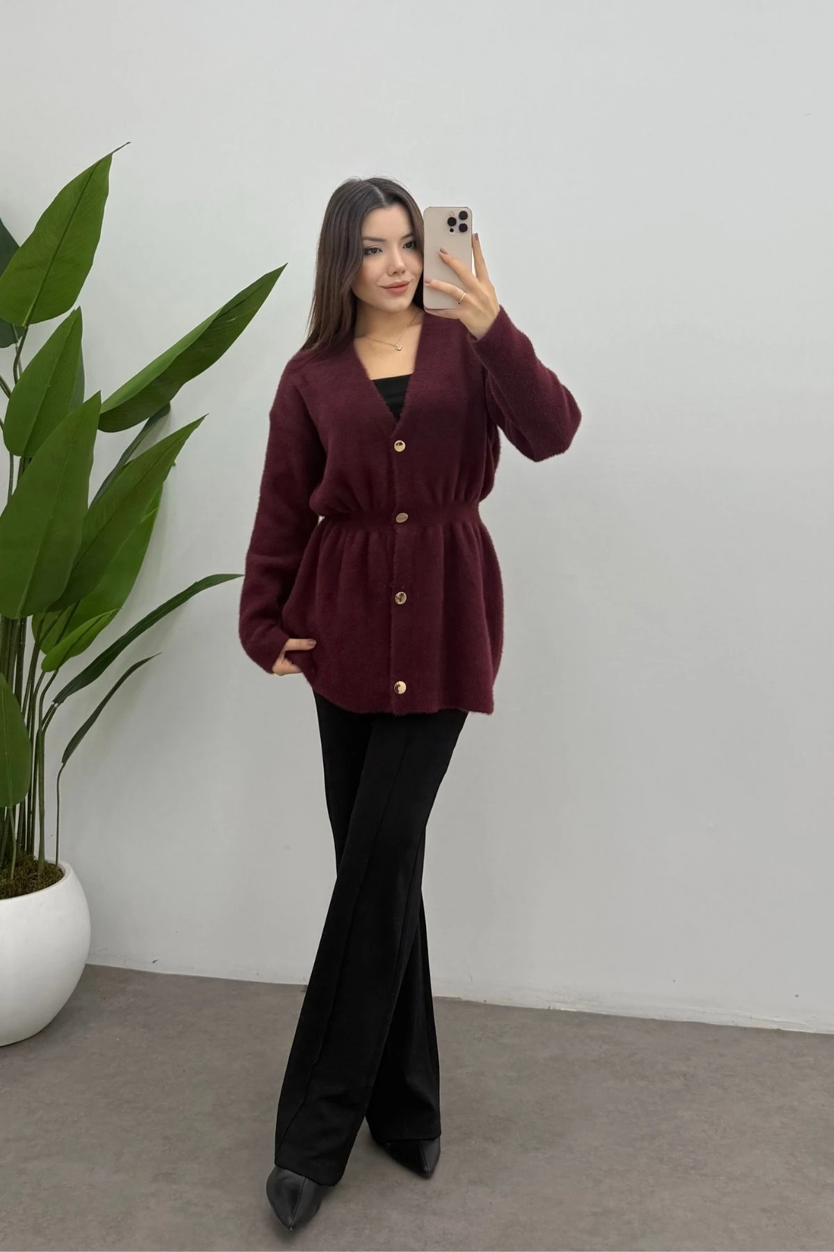 Gold Düğmeli Soft Hırka-BORDO
