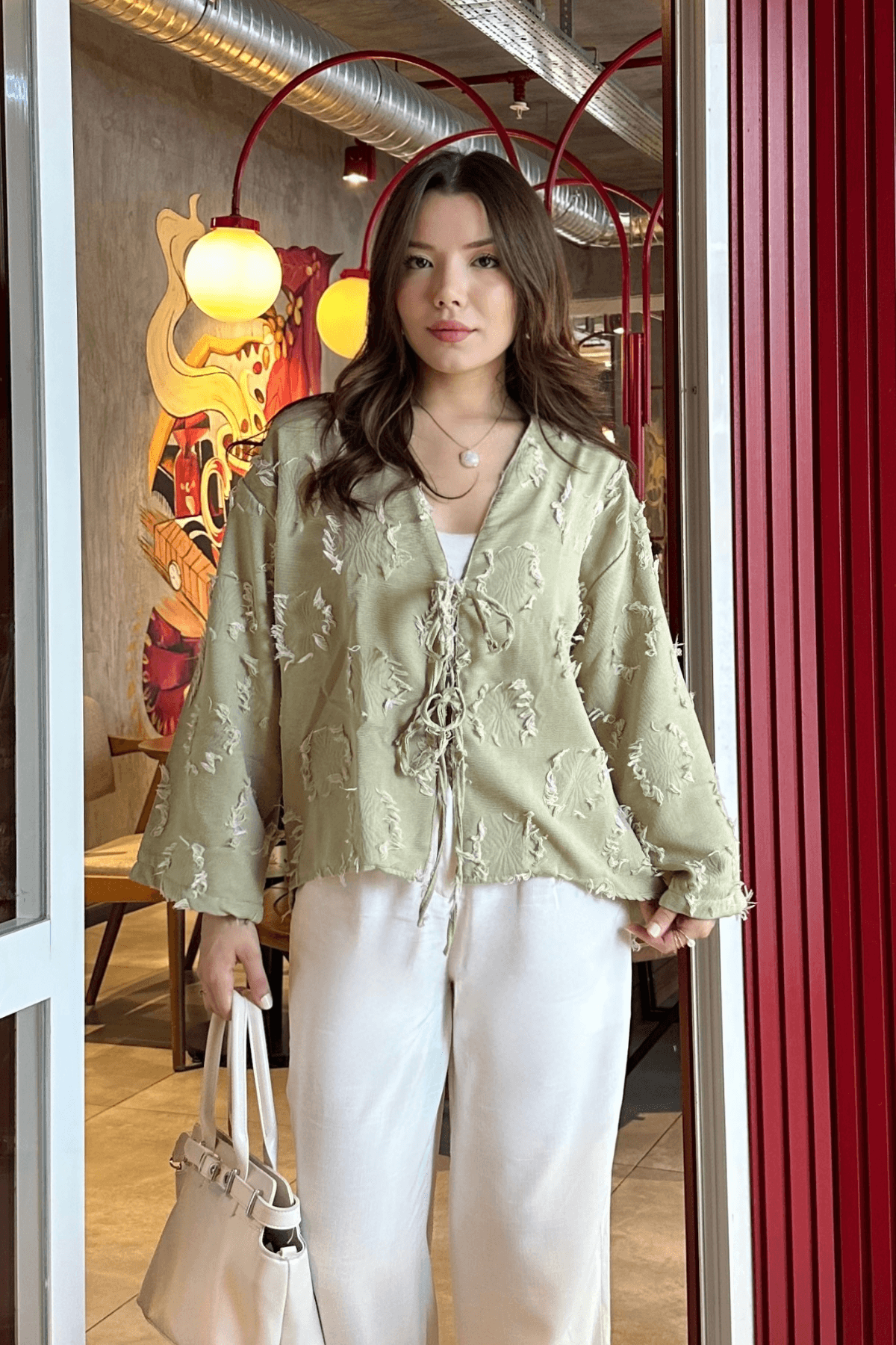 Püskül Detaylı Pastel Yeşil Kimono Gömlek