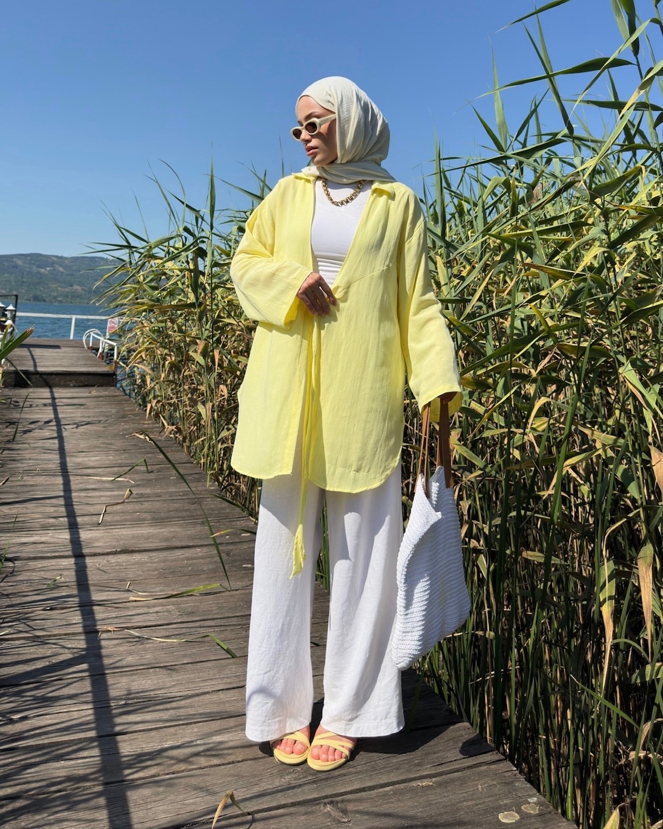 Pastel Sarı Bağlama Detaylı Flam Keten Kimono