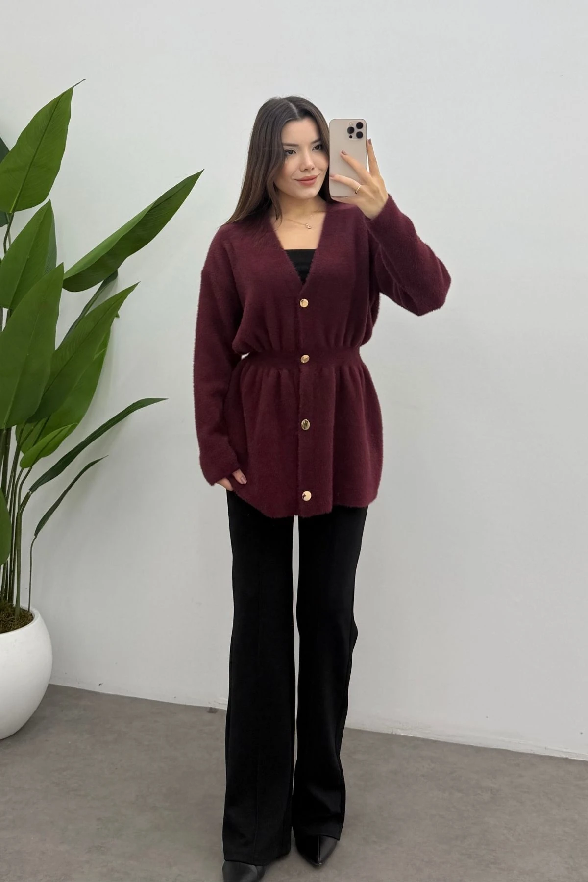 Gold Düğmeli Soft Hırka-BORDO