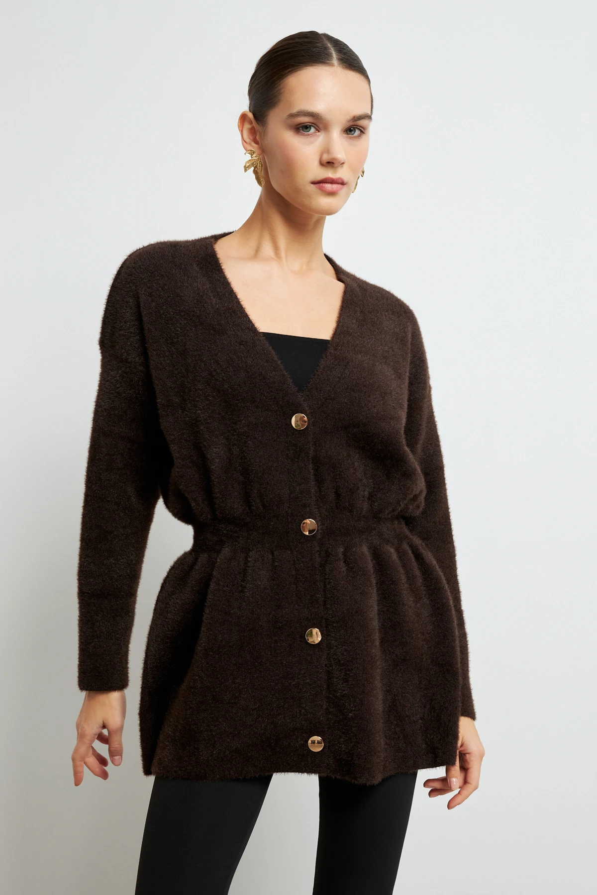 Gold Düğmeli Soft Hırka- ACI KAHVE