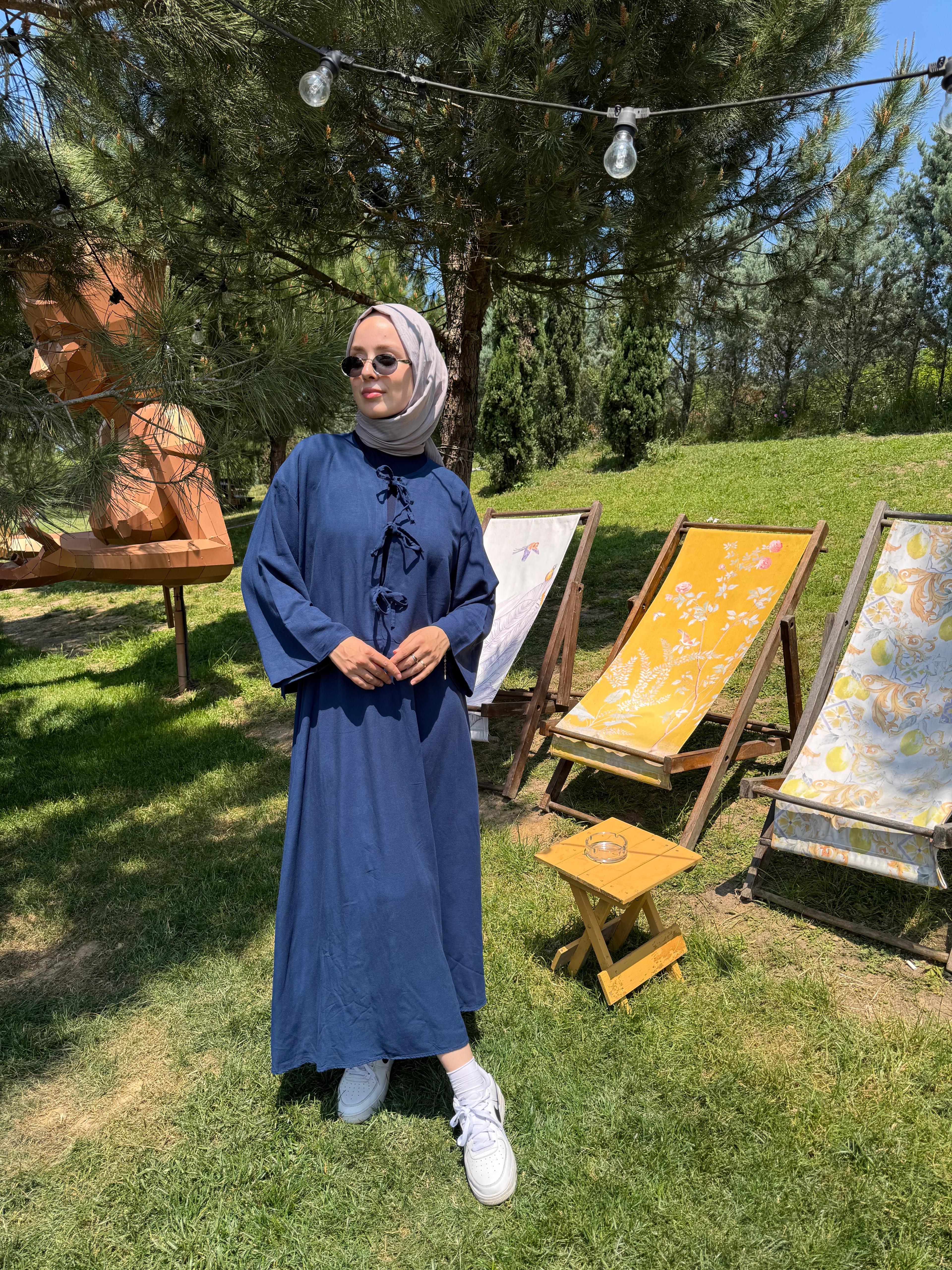 Bağlama Detaylı Keten Etek Takım Lacivert