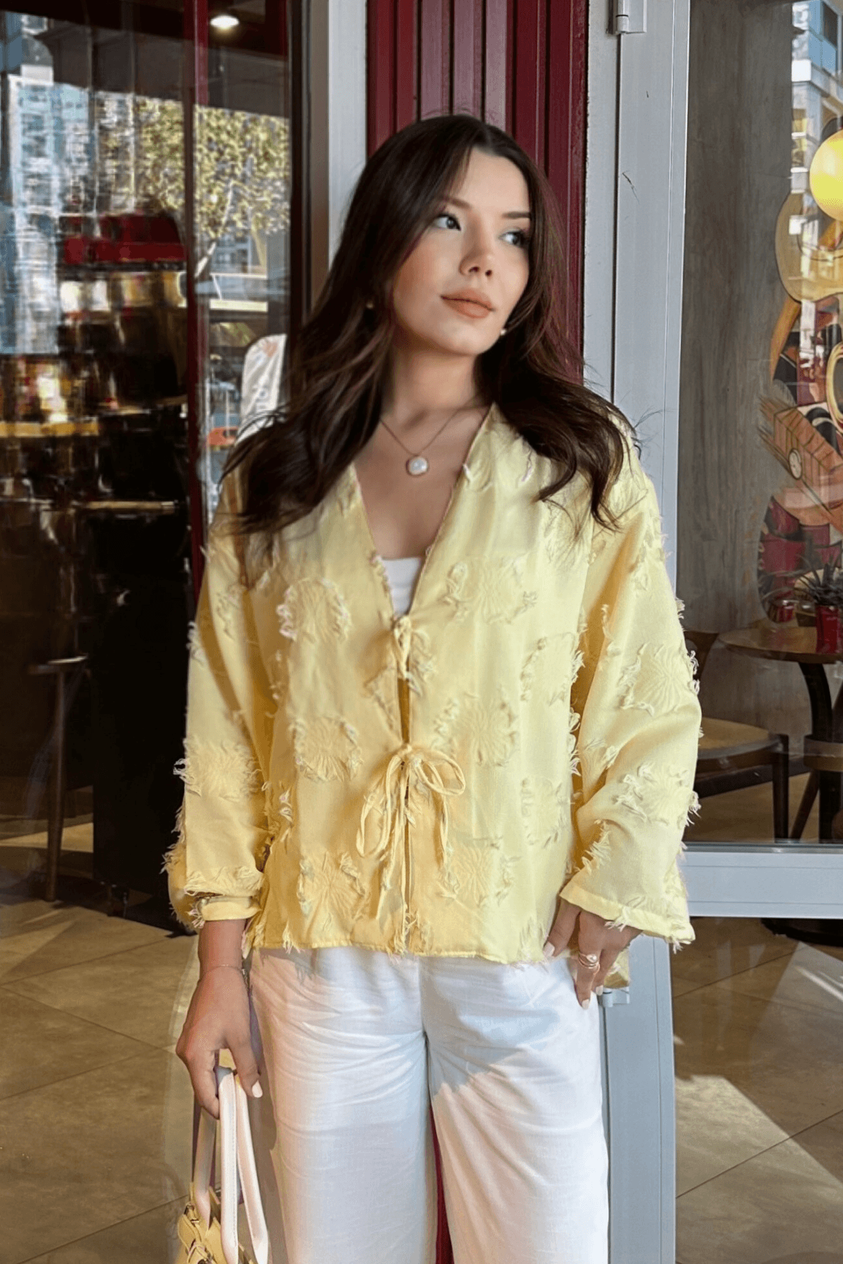 Püskül Detaylı Butter Yellow Kimono Gömlek