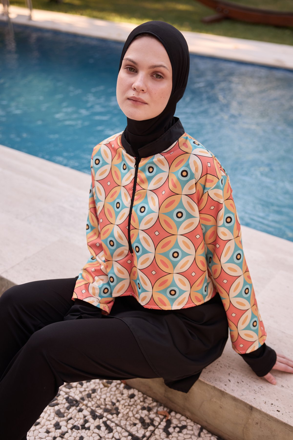 SOFT GEOMETRİK PARAŞÜT KUMAŞ 3'LÜ TESETTÜR MAYO