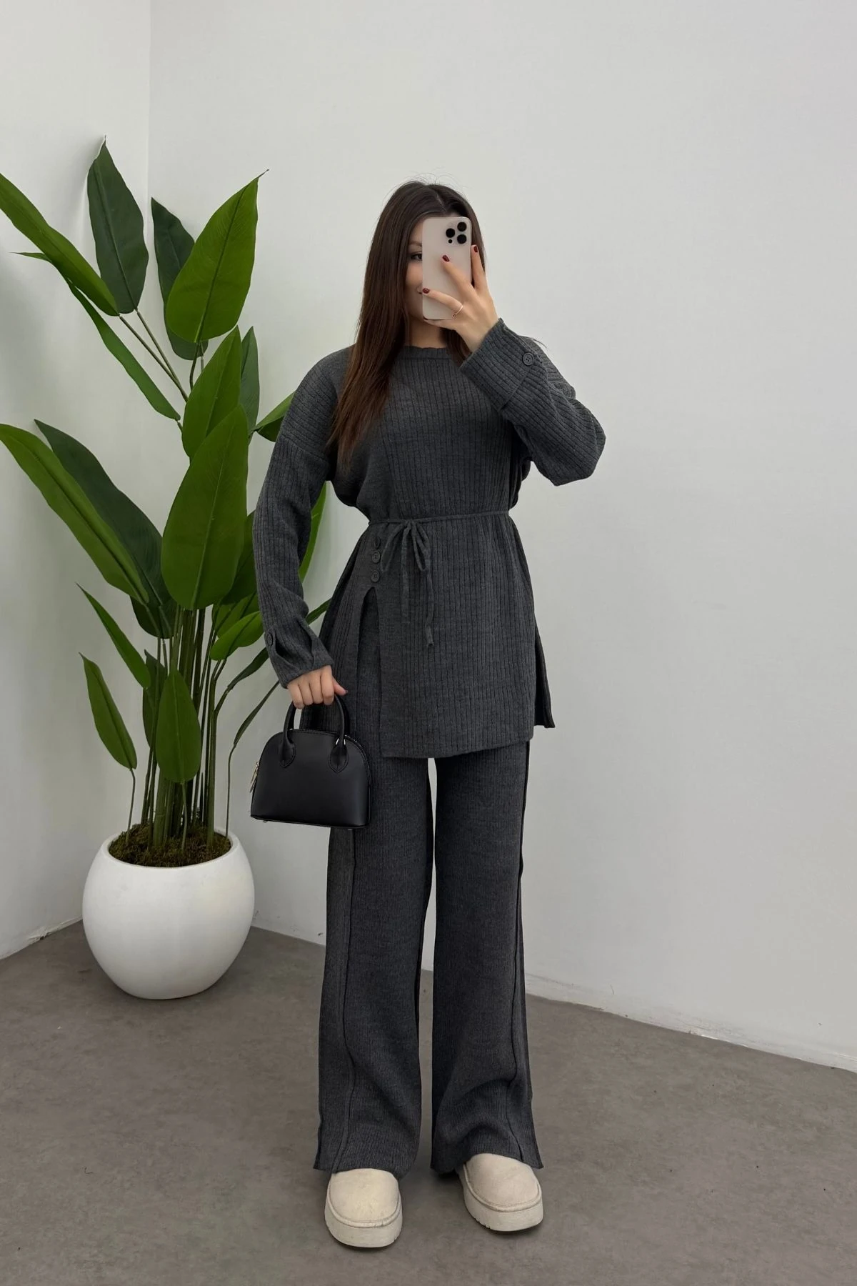  Gri Bel Bağlamalı Düğme Detaylı Fitilli Triko Kazak Pantolon İkili Takım