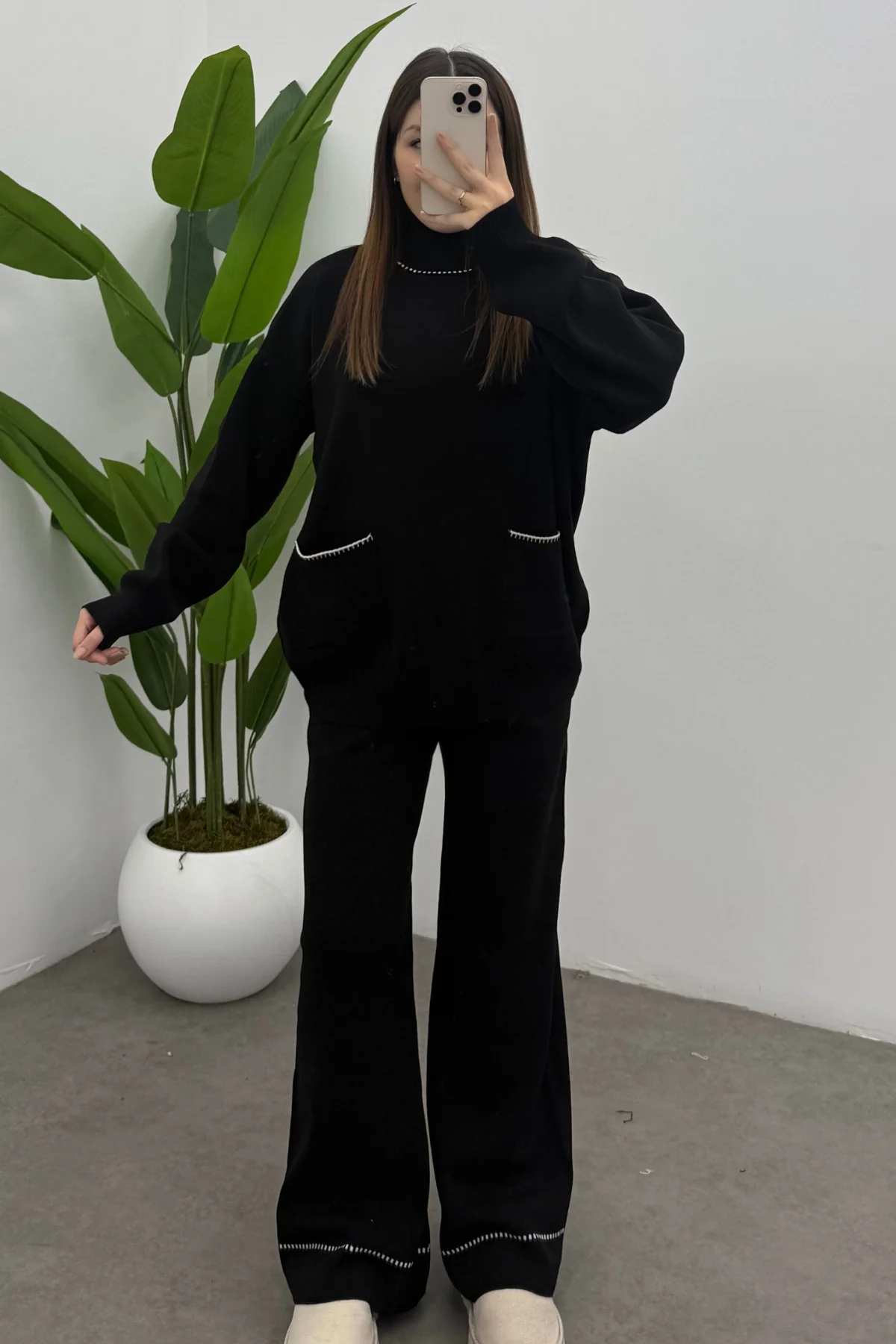 Balıkçı Yaka Kazak Pantolon Triko Takım- Siyah