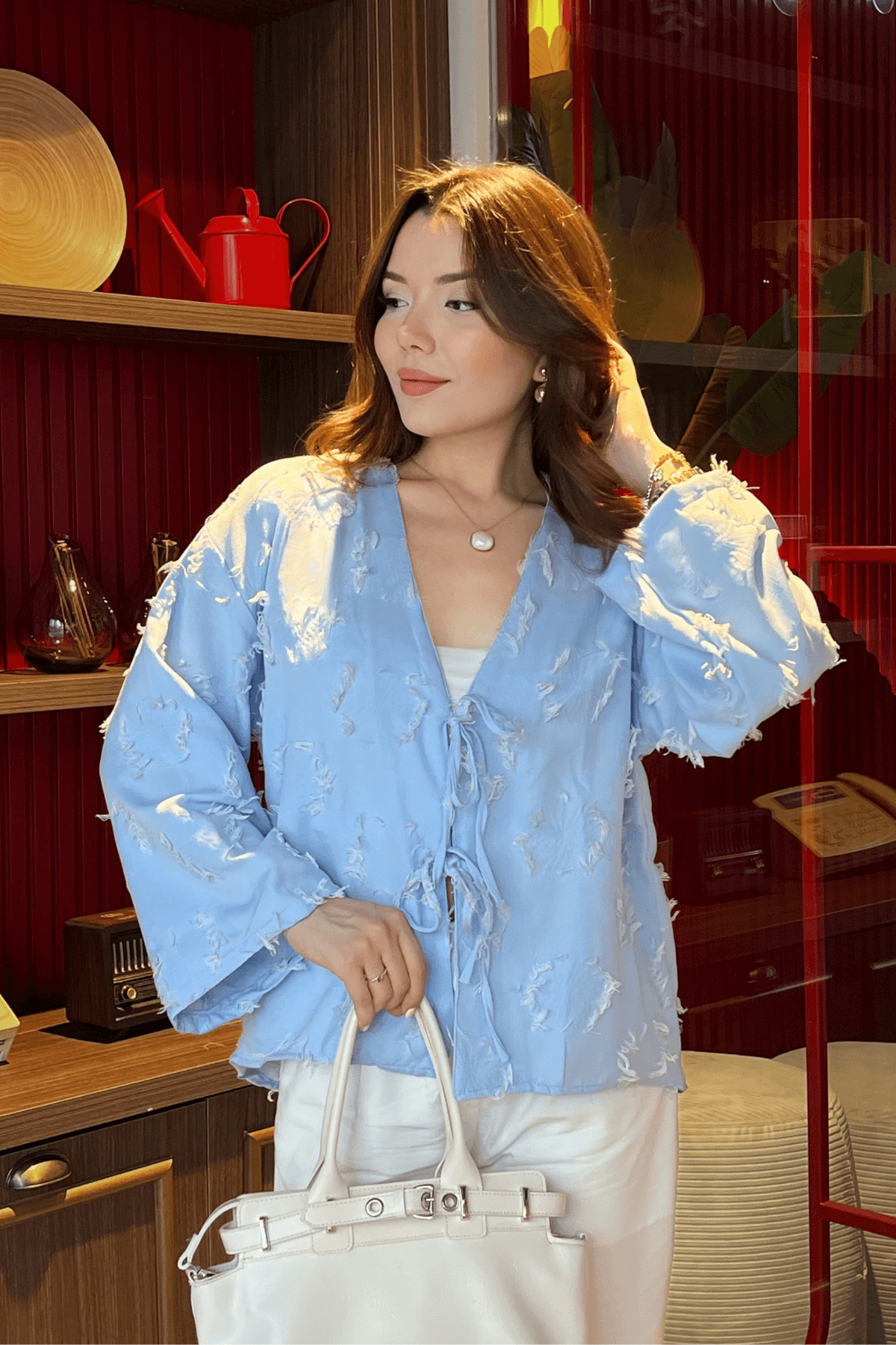 Püskül Detaylı Bebe Mavi Kimono Gömlek