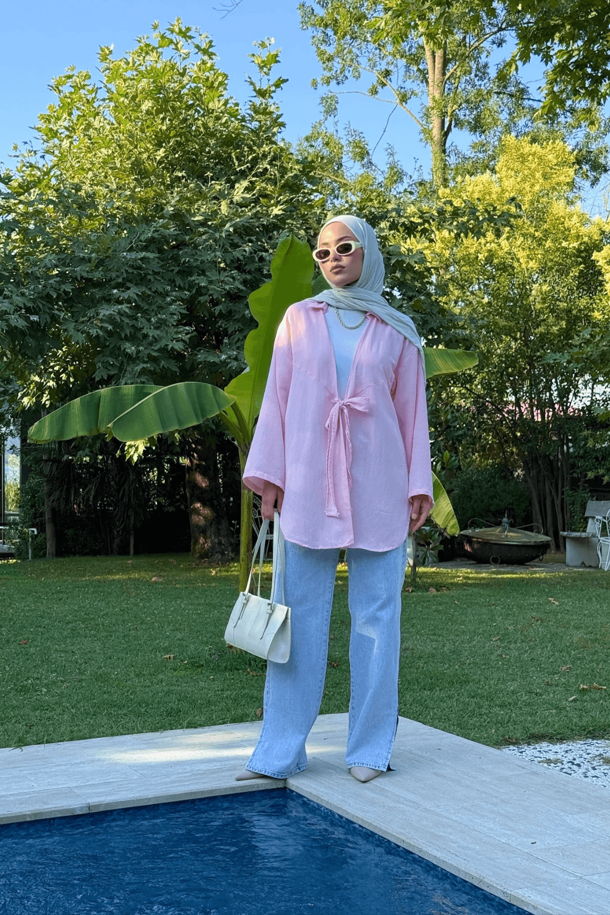 Pembe Bağlama Detaylı Flam Keten Kimono