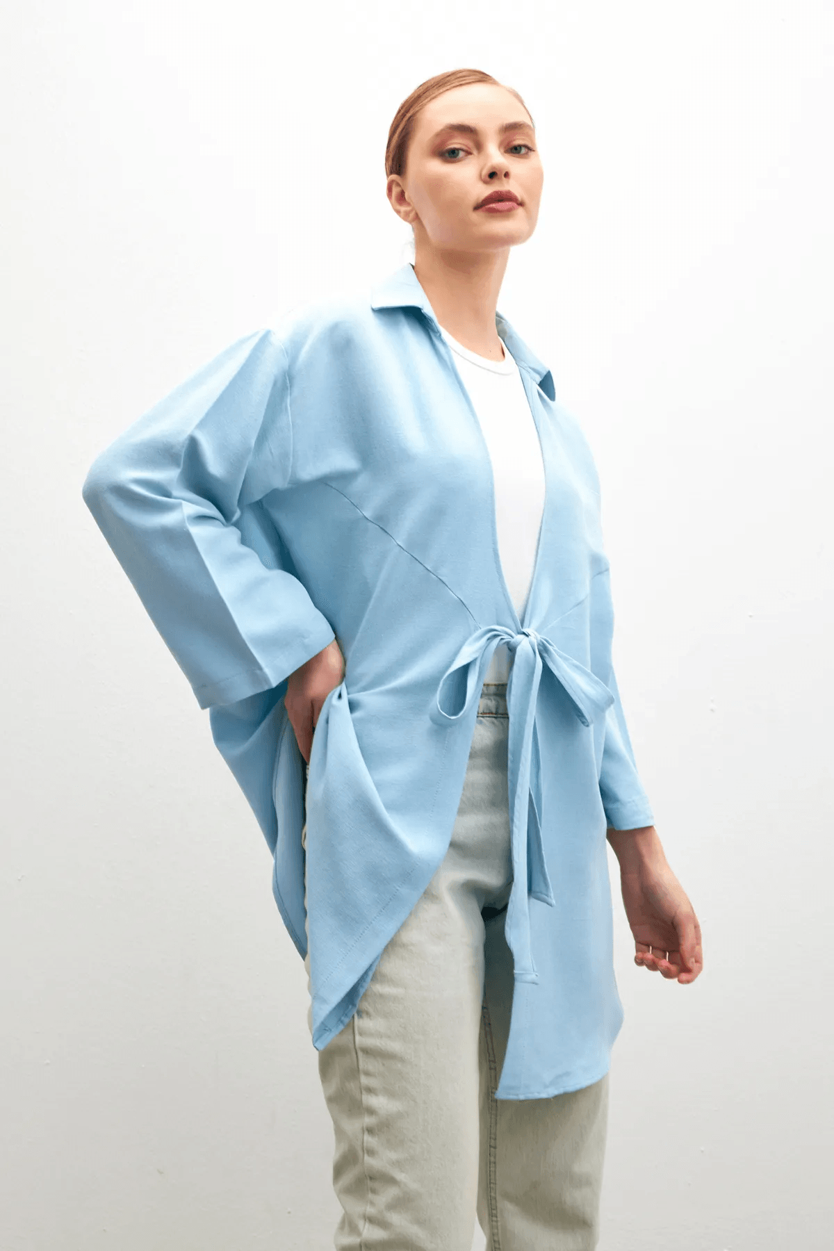 Açık Mavi Bağlama Detaylı Flam Keten Kimono