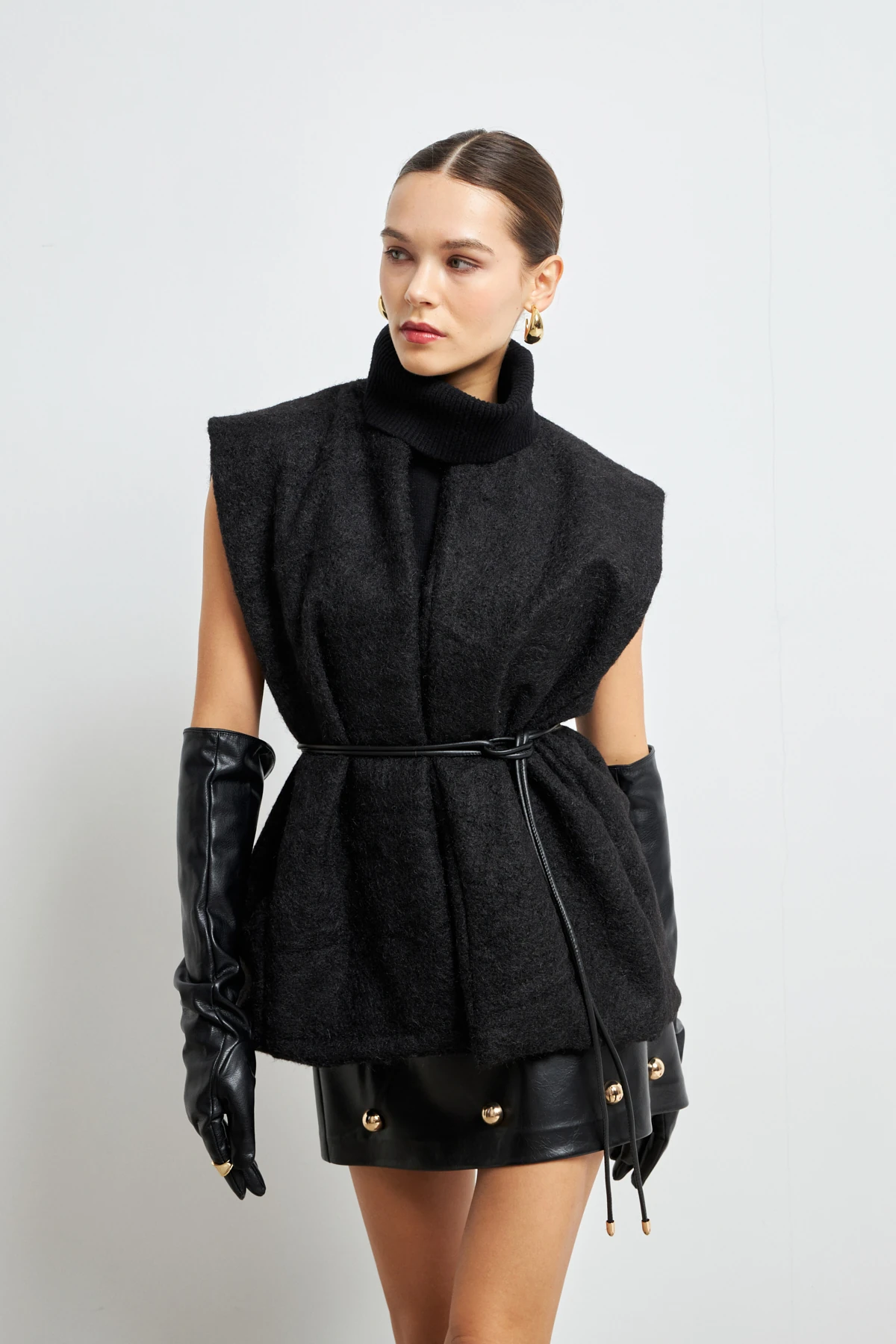 Kemerli Kaşe Yelek- SİYAH