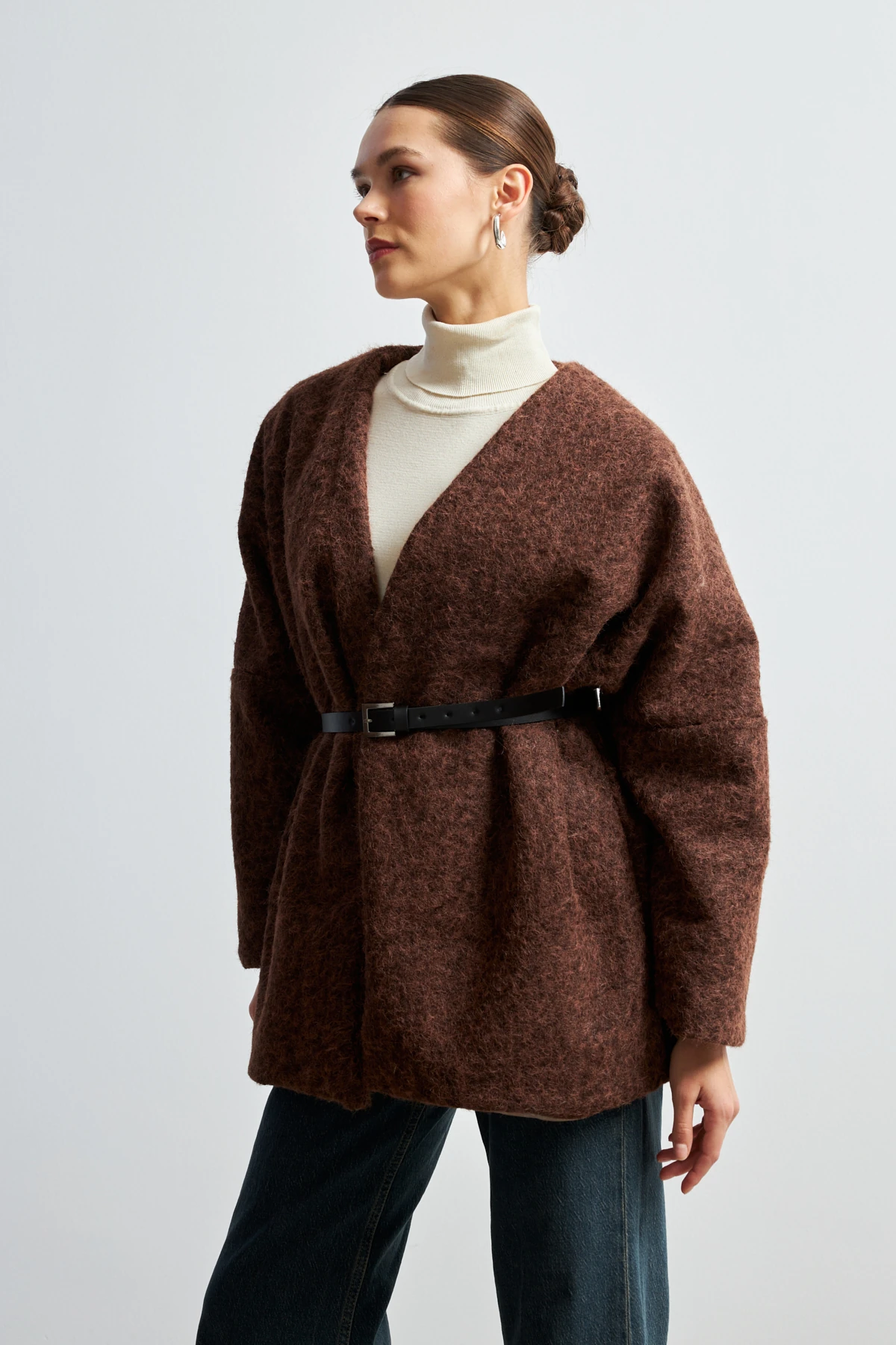 Kemerli Kaşe Ceket- KAHVE