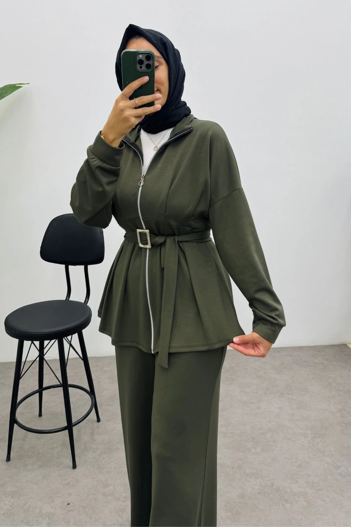 Kemerli Nervür Detaylı Oysho Takım- HAKİ