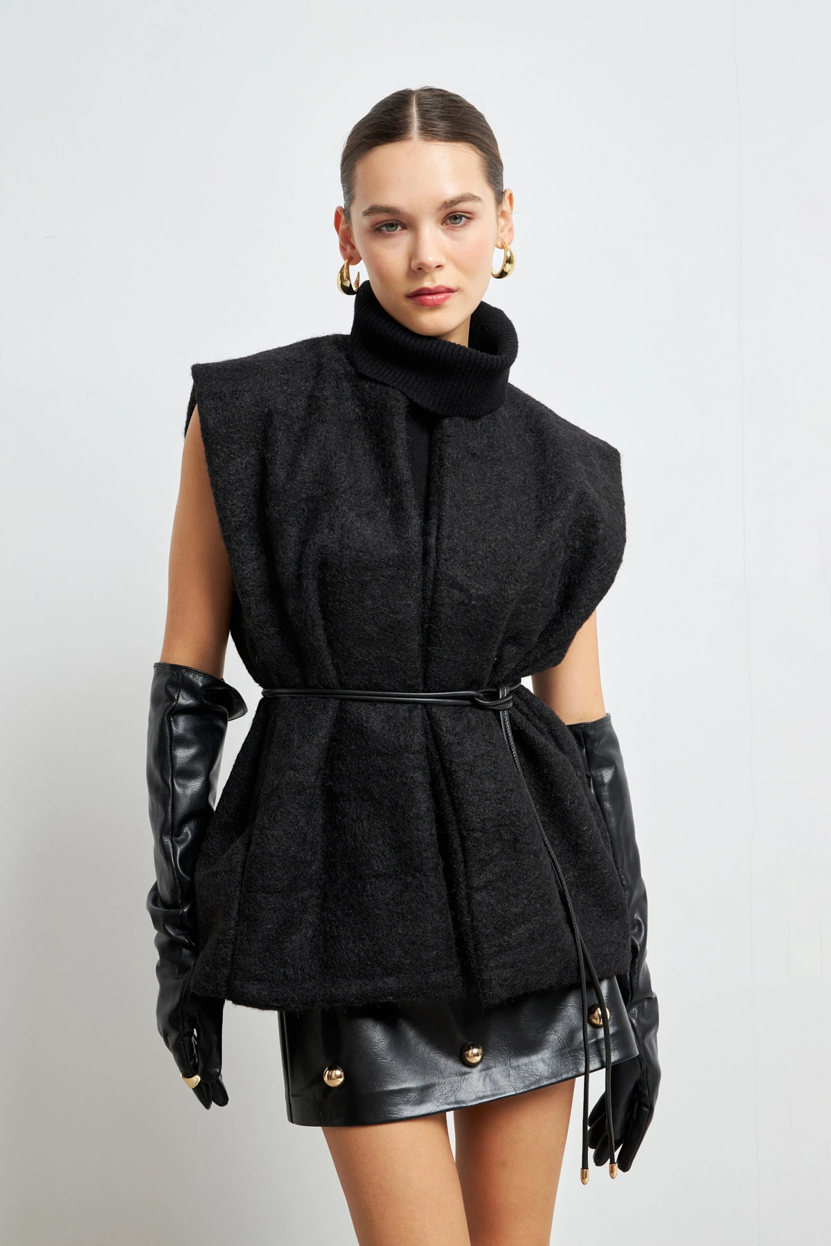 Kemerli Kaşe Yelek- SİYAH