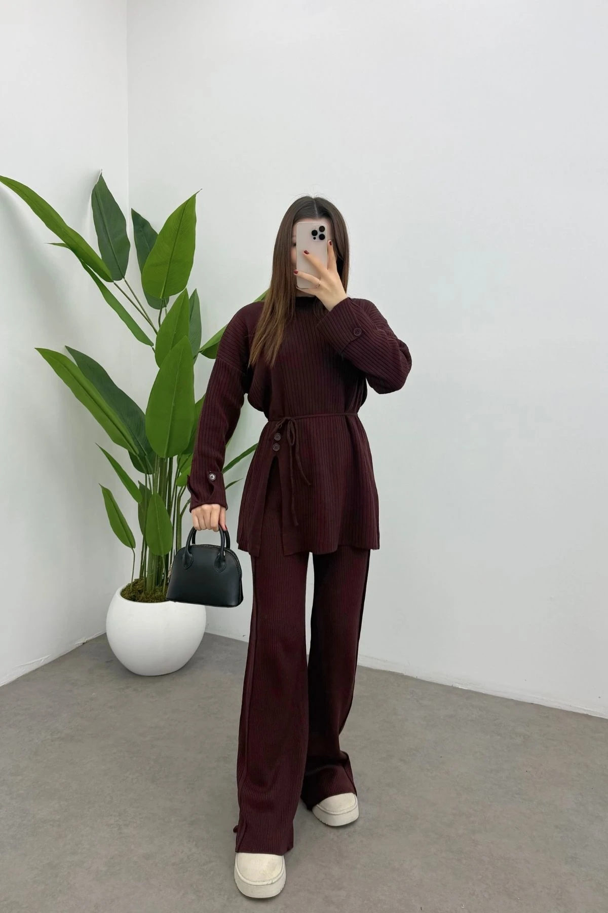  Bordo Bel Bağlamalı Düğme Detaylı Fitilli Triko Kazak Pantolon İkili Takım