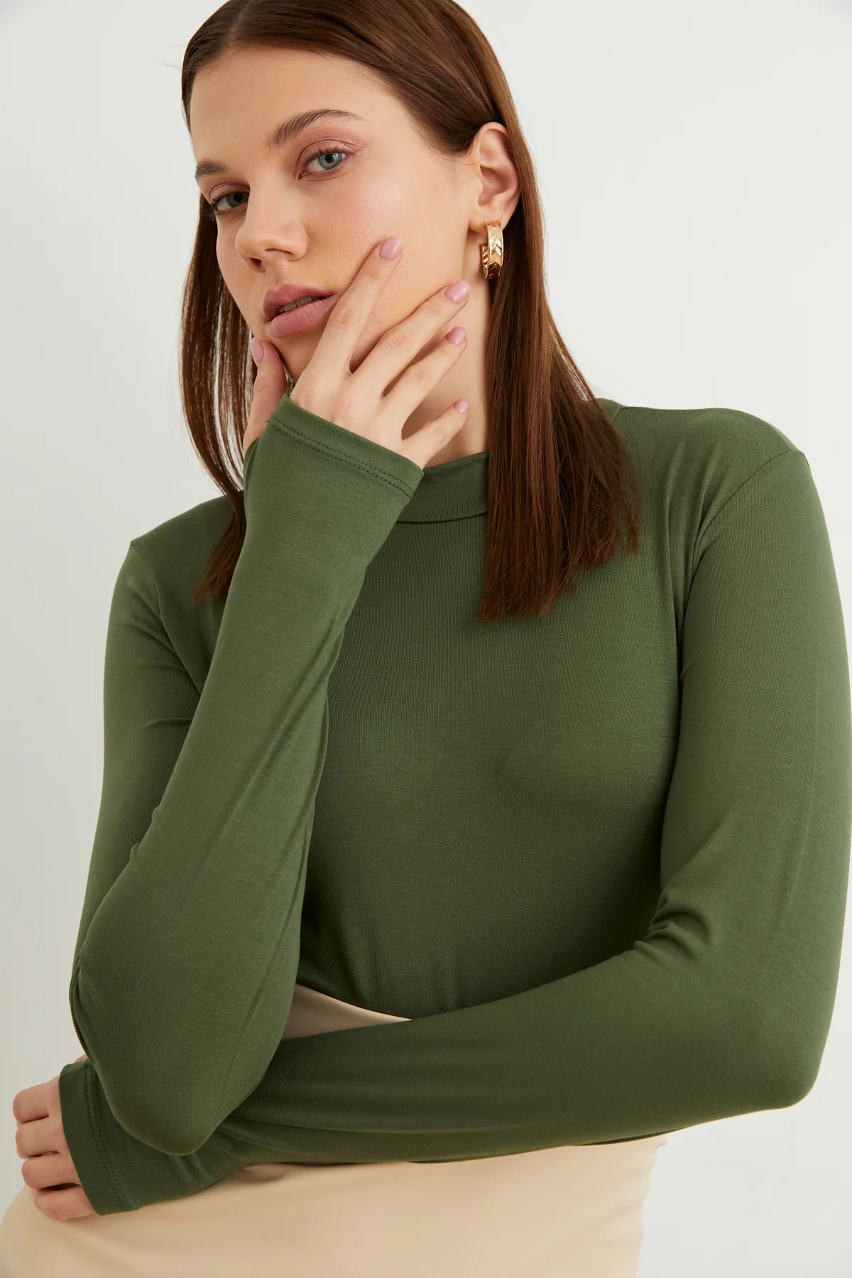 Kadın Haki Parmak Detaylı Basic Body