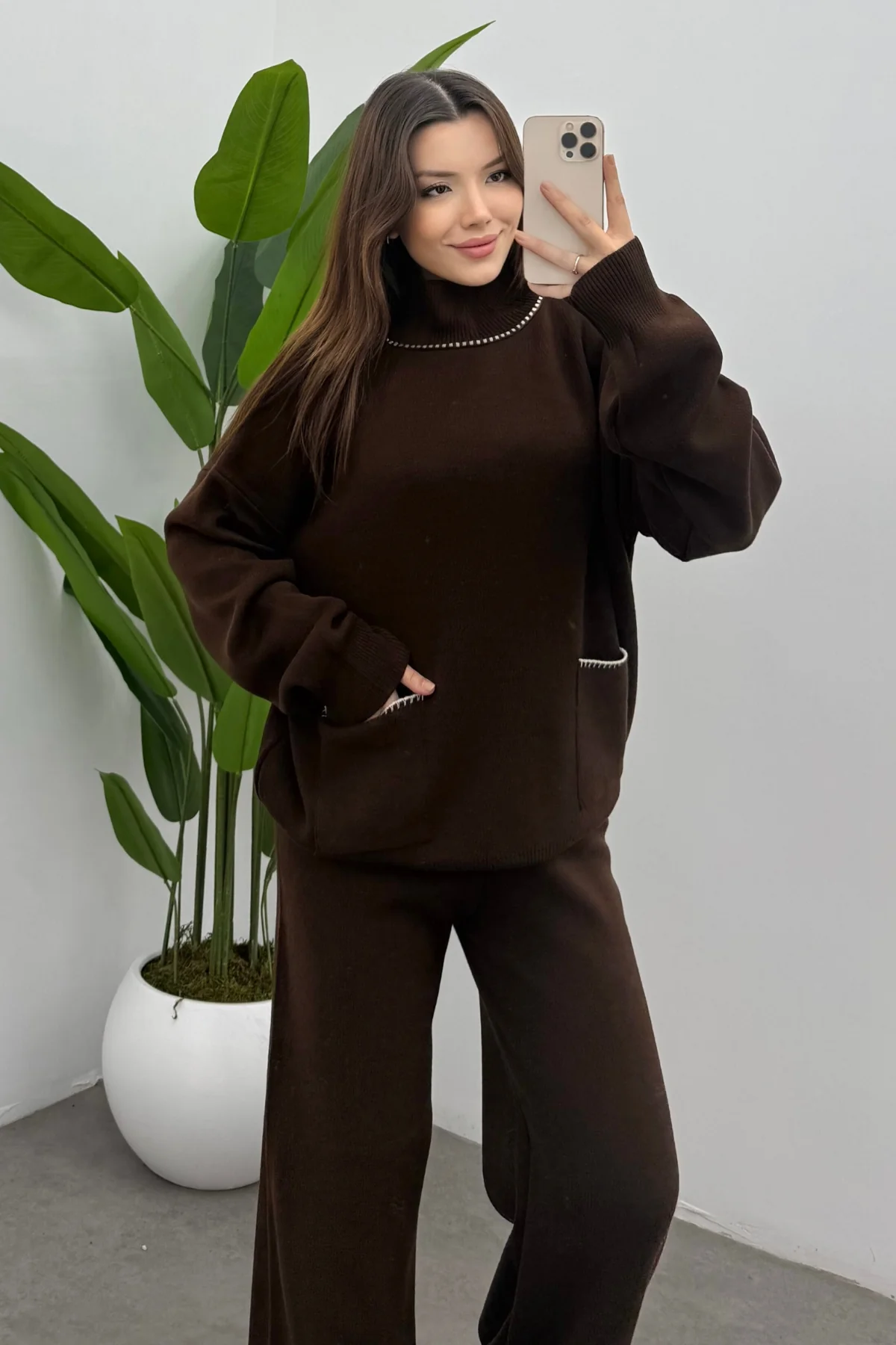 Balıkçı Yaka Kazak Pantolon Triko Takım- Kahverengi