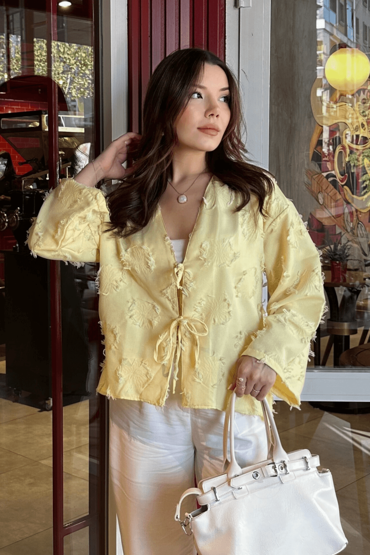 Püskül Detaylı Butter Yellow Kimono Gömlek