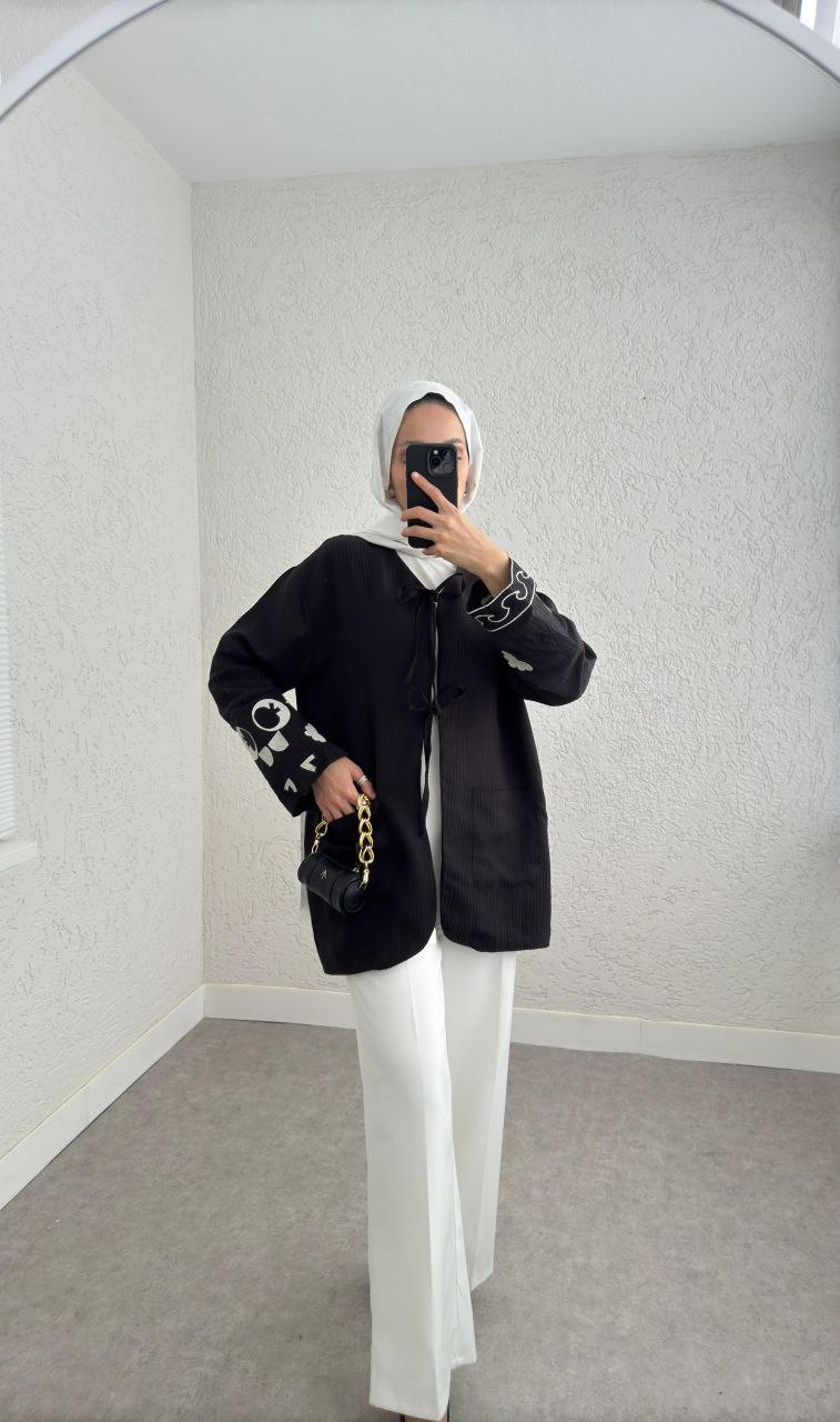 Siyah Nakışlı Modal Kimono Gömlek