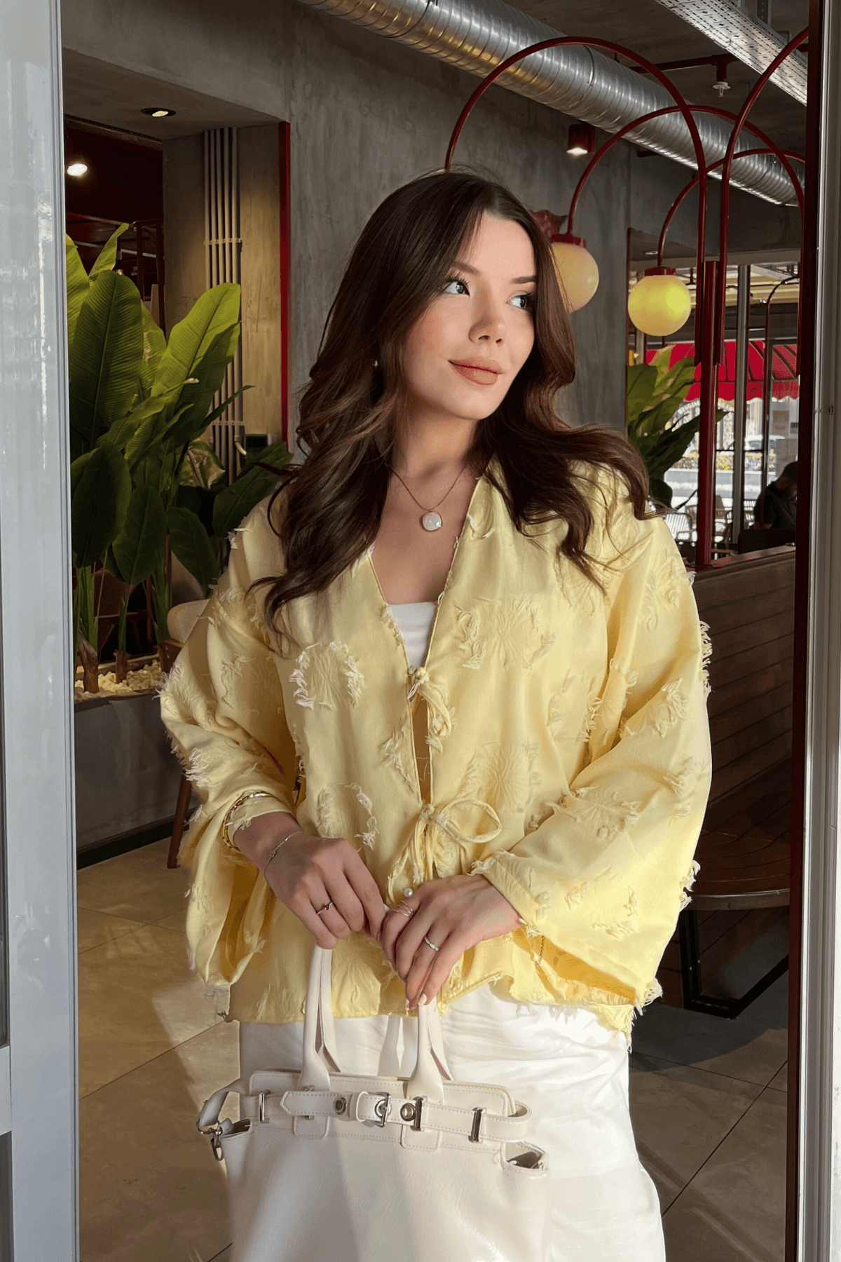Püskül Detaylı Butter Yellow Kimono Gömlek