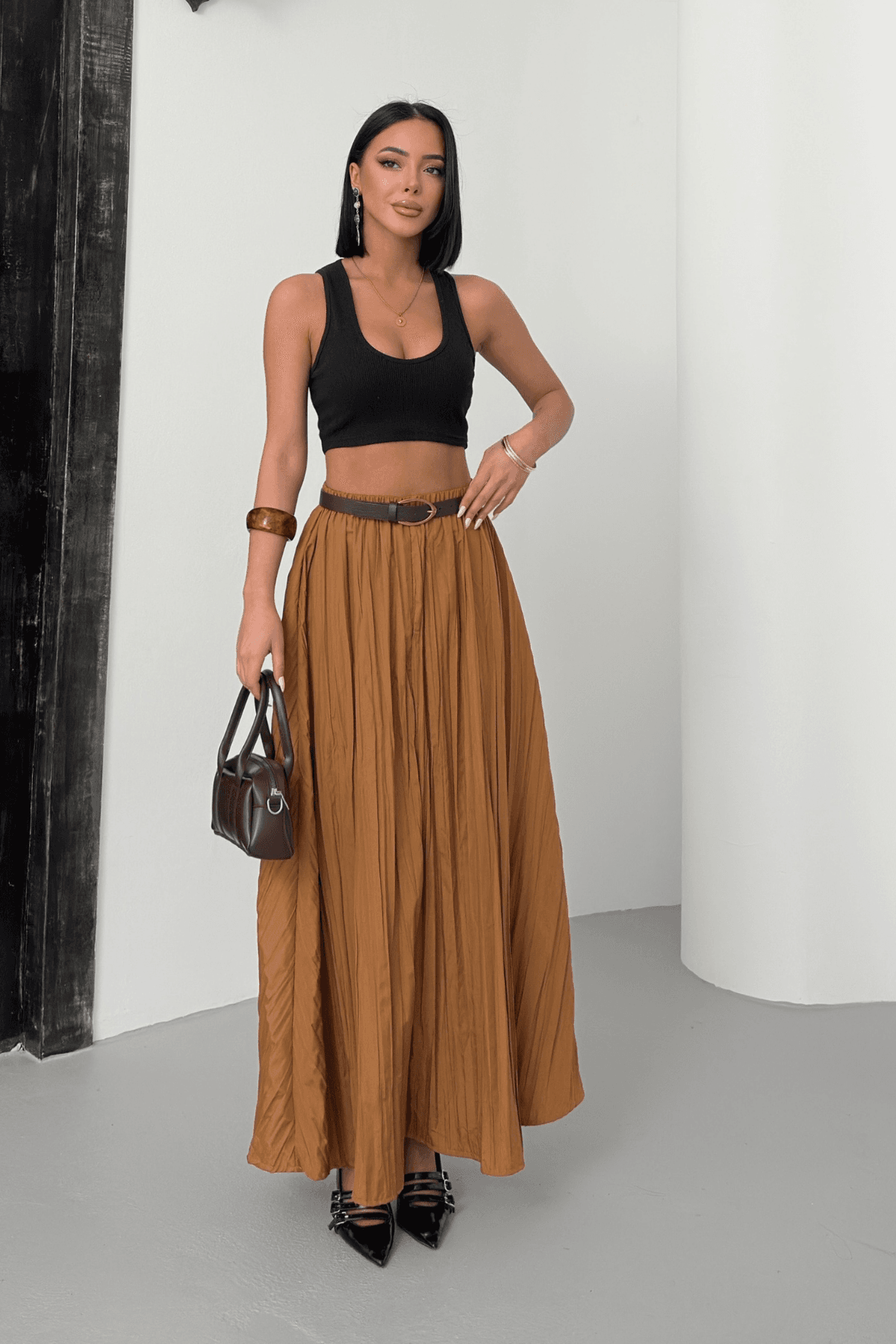 Kadın Camel Crush Efektli Uzun Kloş Etek