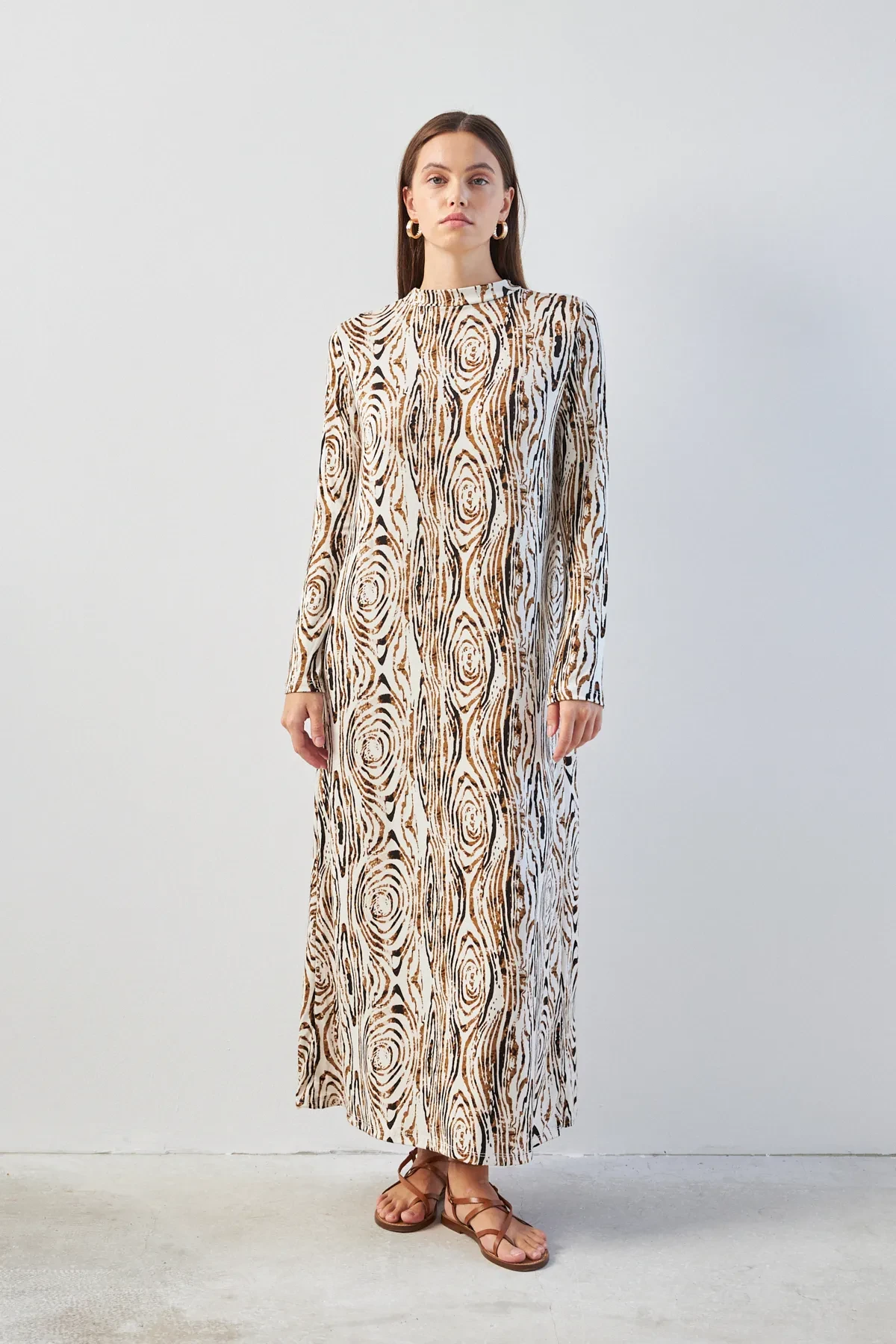 Hardal İnce Oval Desenli Yarım Balıkçı Yaka Uzun Kollu Elbise