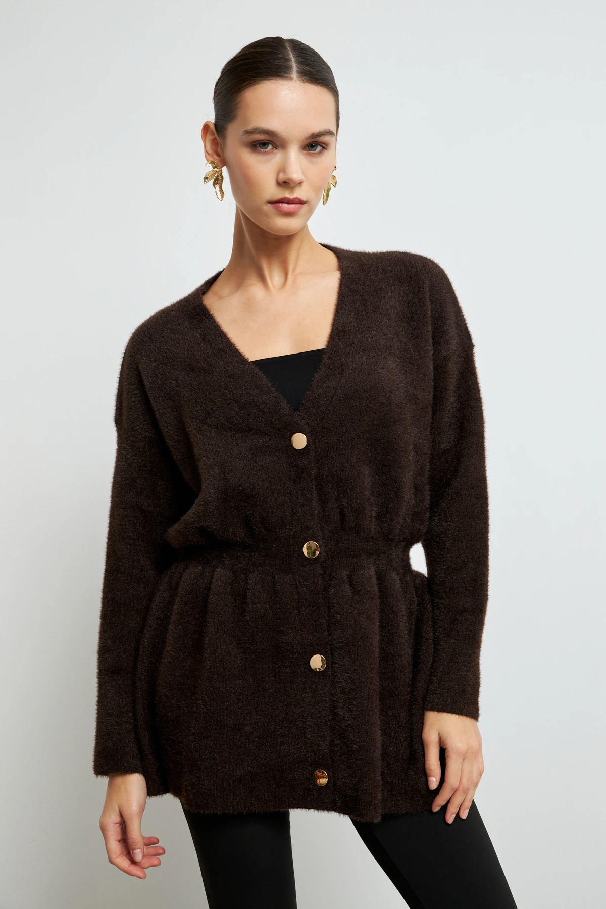 Gold Düğmeli Soft Hırka- ACI KAHVE