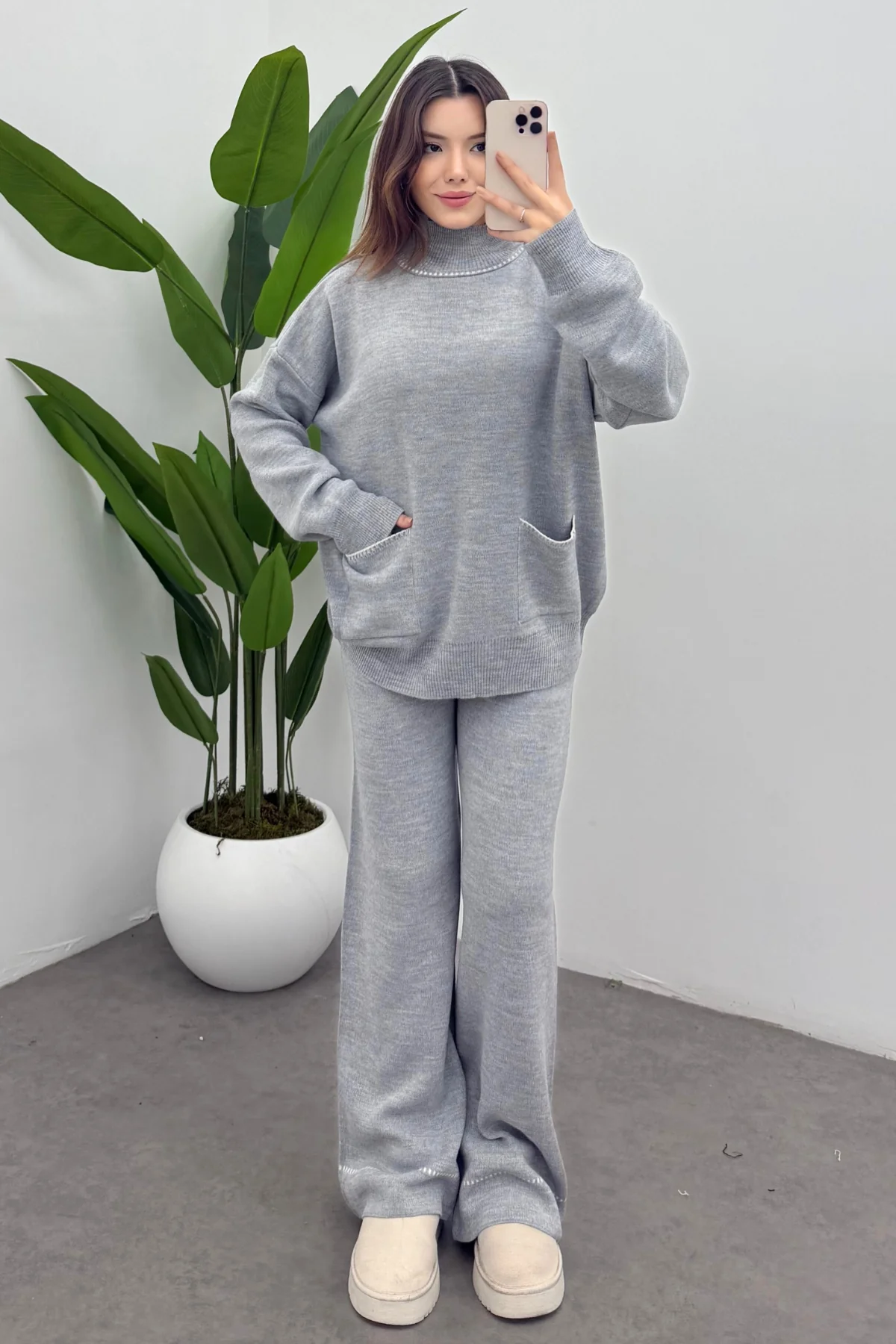 Balıkçı Yaka Kazak Pantolon Triko Takım- Gri