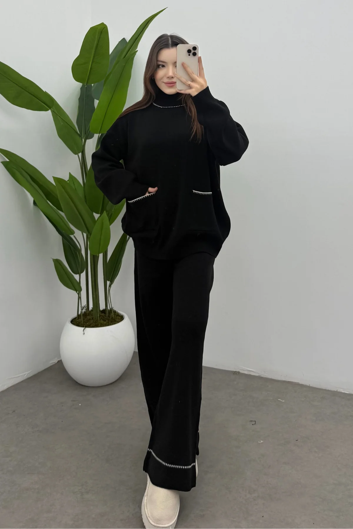 Balıkçı Yaka Kazak Pantolon Triko Takım- Siyah