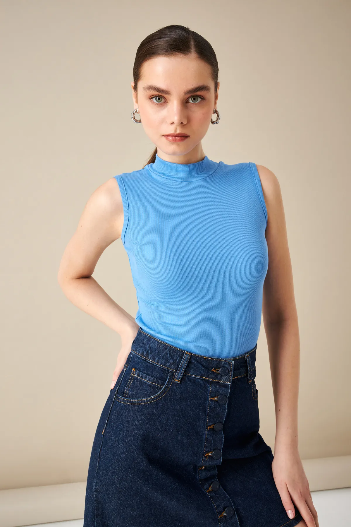 Kadın Mavi Fitilli Kaşkorse Bluz