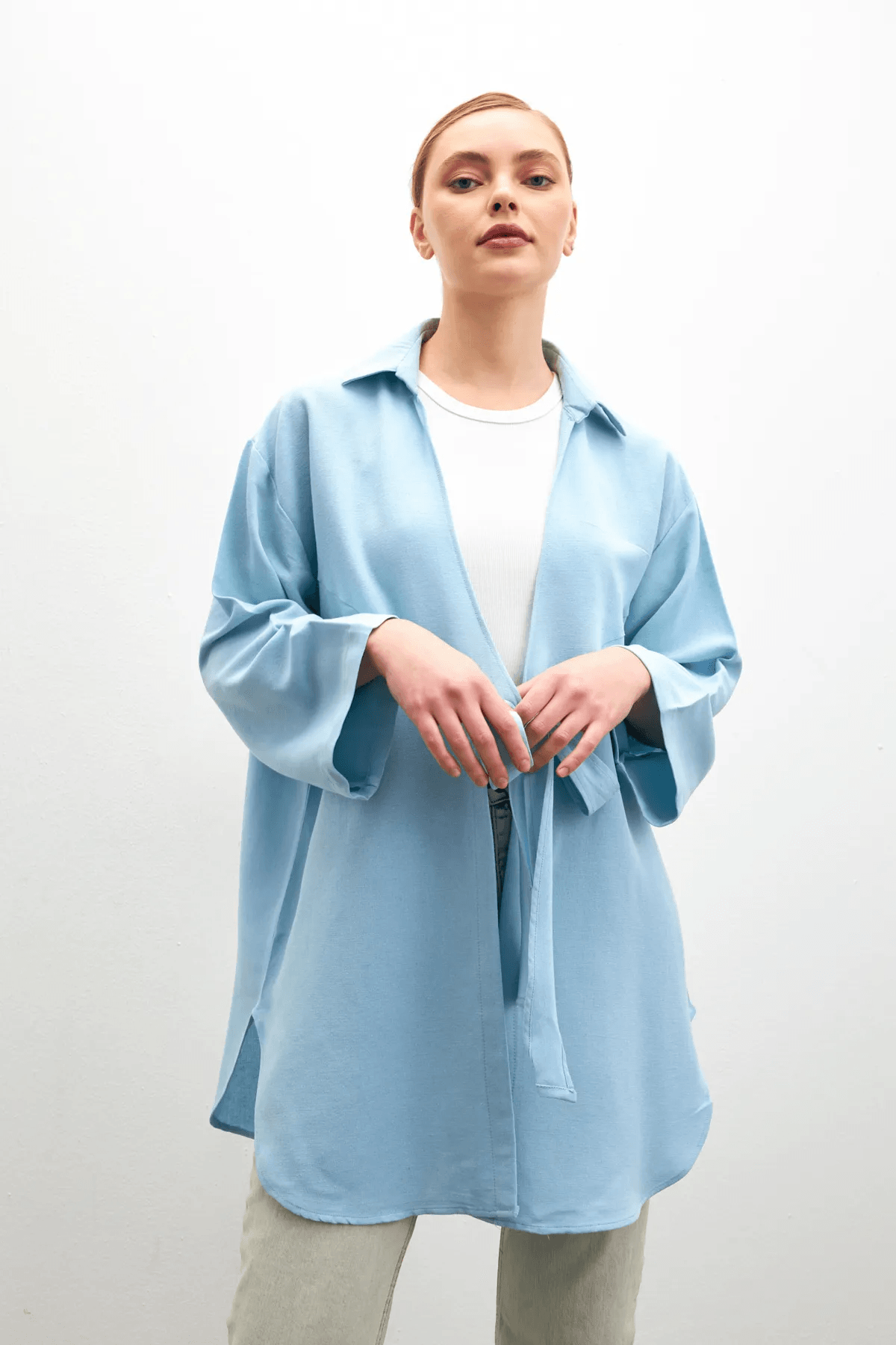 Açık Mavi Bağlama Detaylı Flam Keten Kimono