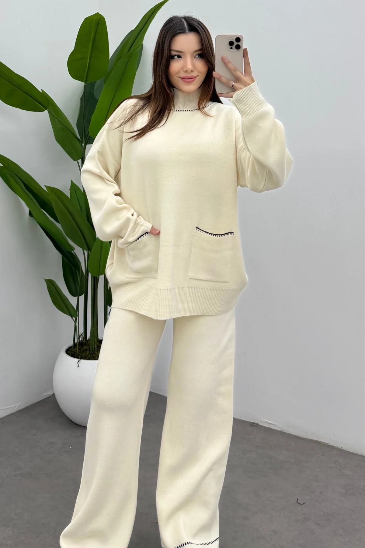 Balıkçı Yaka Kazak Pantolon Triko Takım- Ebru