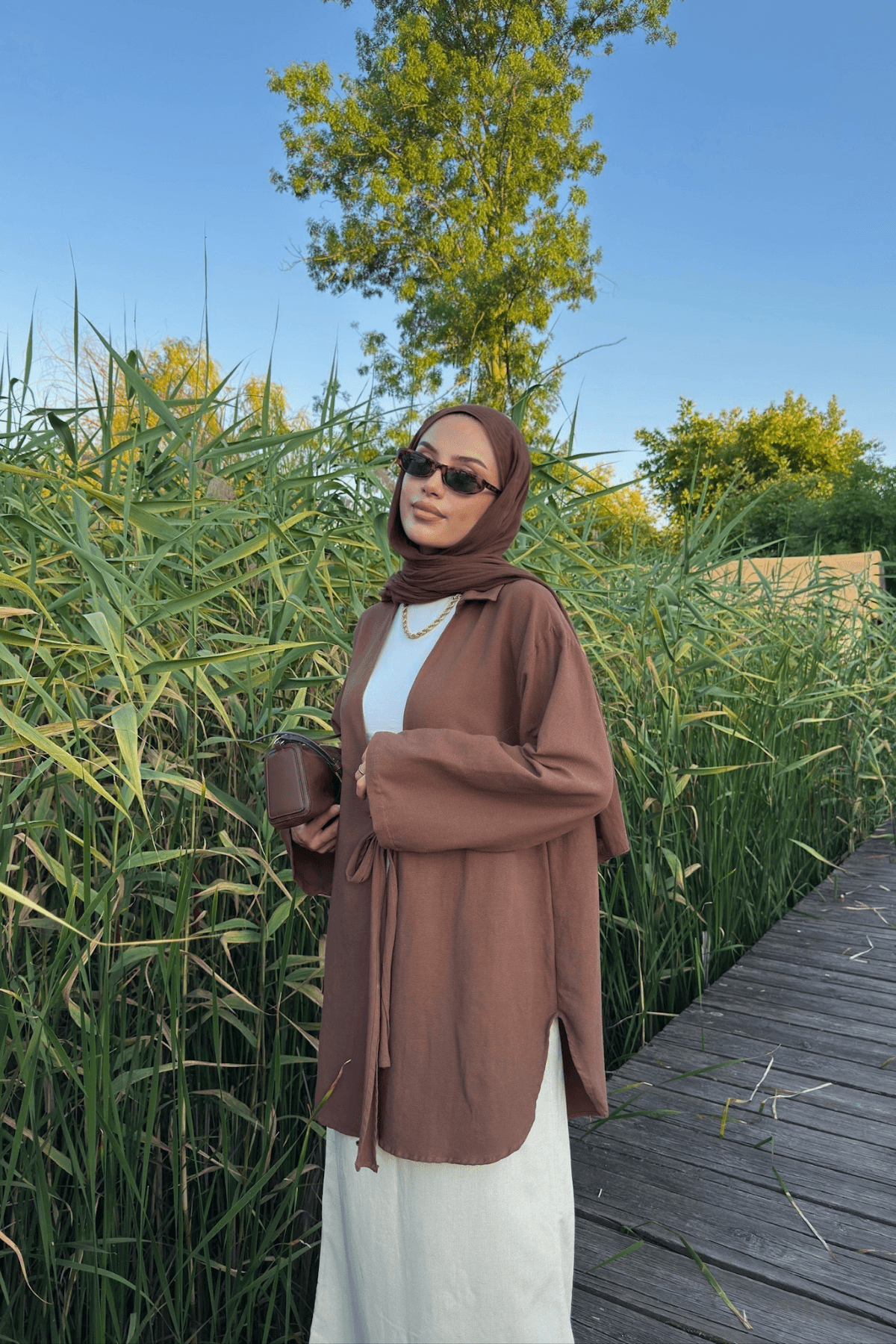 Acı Kahve Bağlama Detaylı Flam Keten Kimono