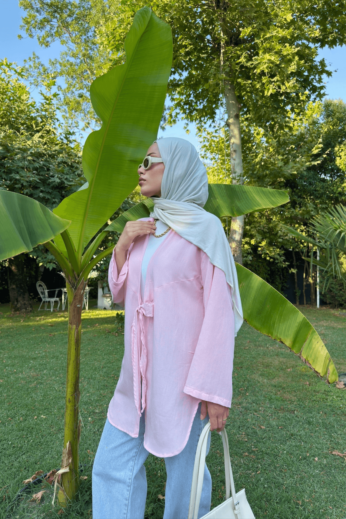 Pembe Bağlama Detaylı Flam Keten Kimono