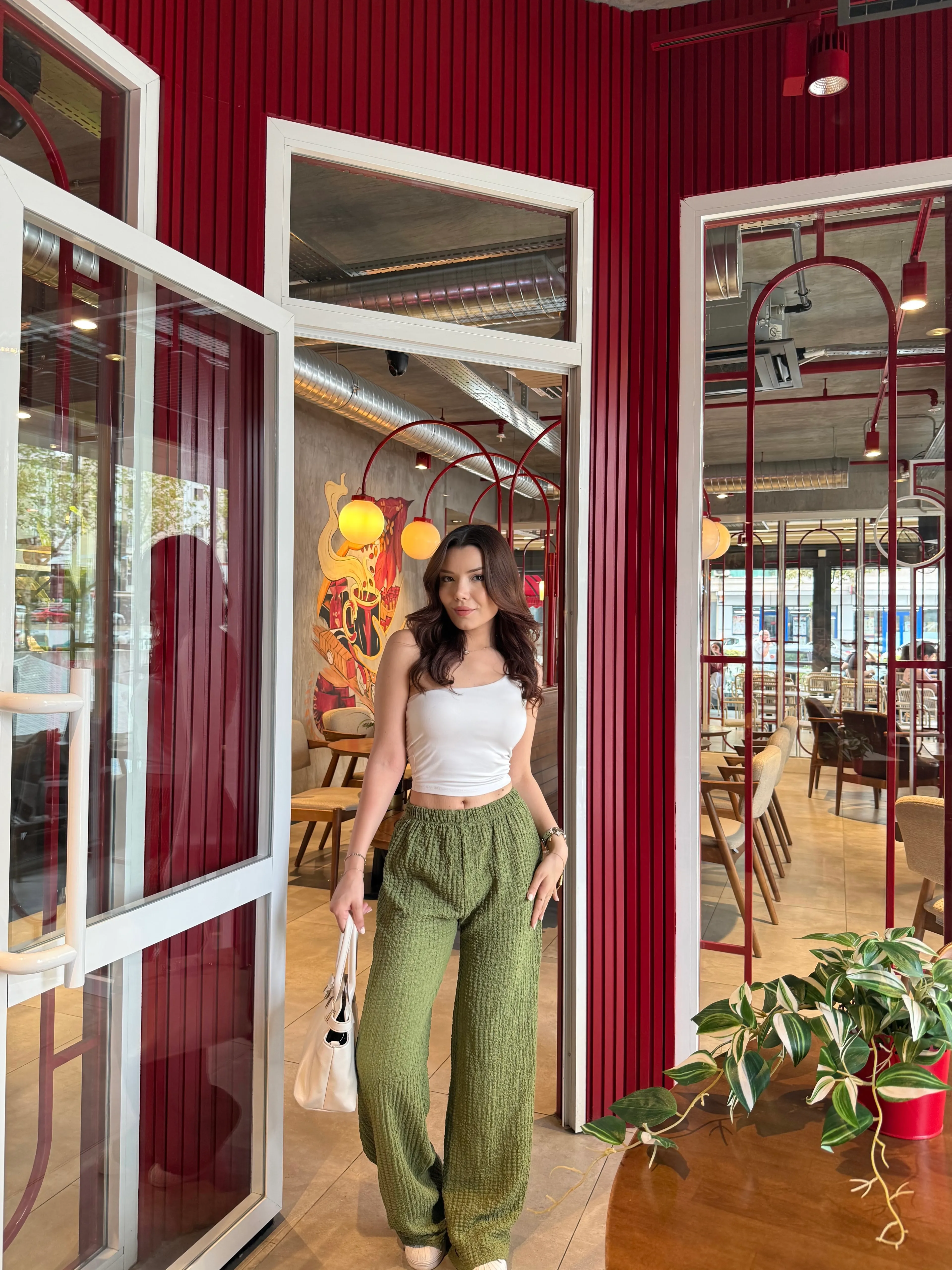 Zeytin Yeşili Yüksek Bel Likralı Bubble Pantolon