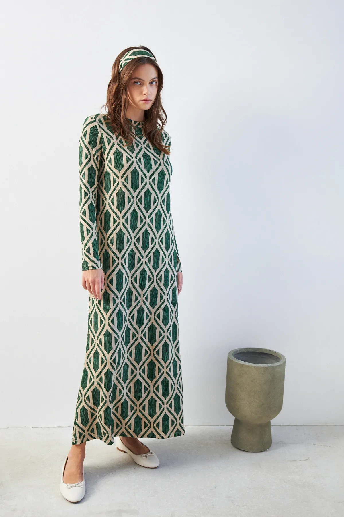 Yeşil Dikey Burgu Desenli Yarım Balıkçı Yaka Uzun Kollu Uzun Elbise