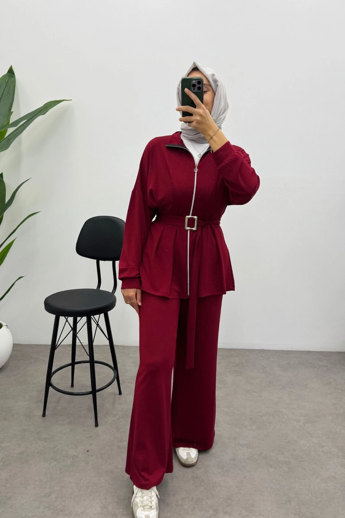 Kemerli Nervür Detaylı Oysho Takım- BORDO