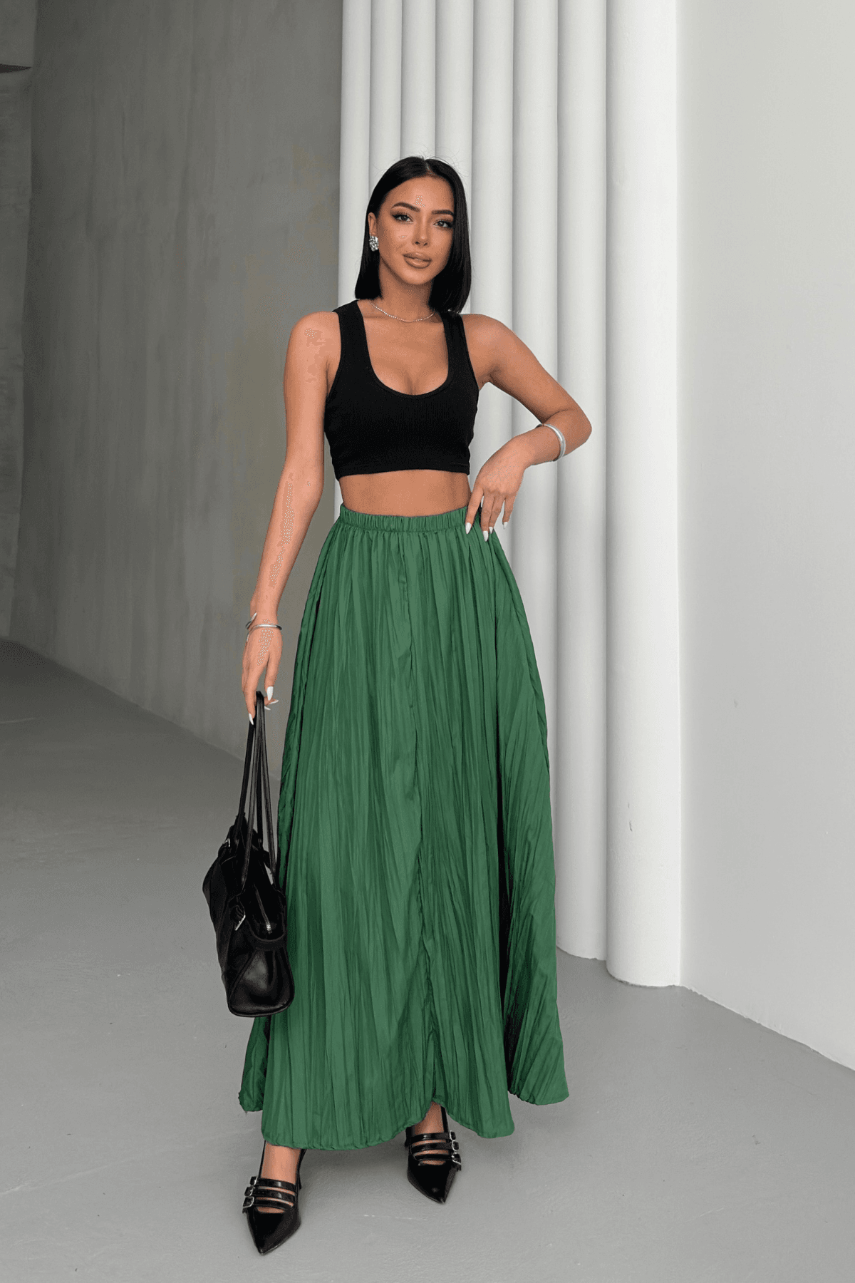 Kadın Benetton Crush Efektli Uzun Kloş Etek