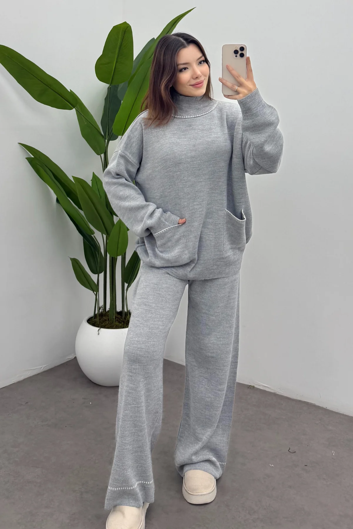 Balıkçı Yaka Kazak Pantolon Triko Takım- Gri