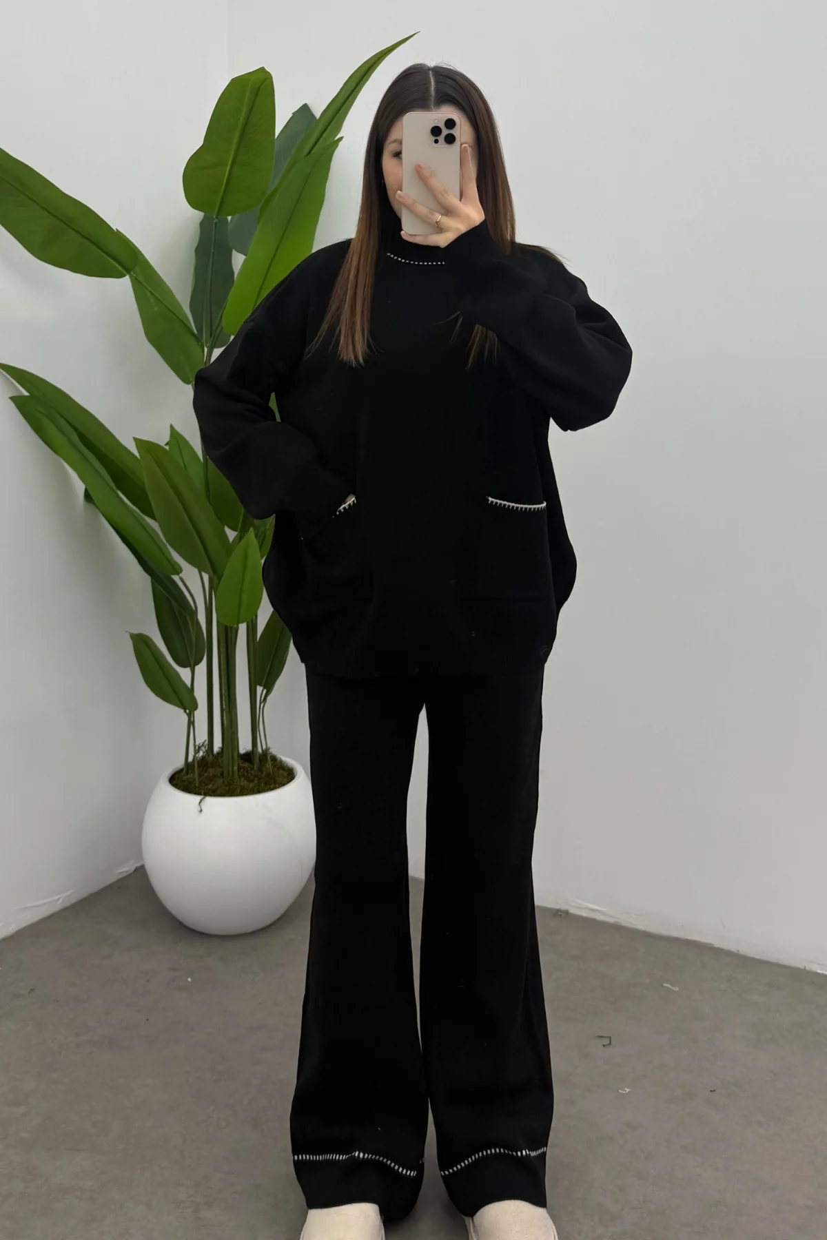 Balıkçı Yaka Kazak Pantolon Triko Takım- Siyah