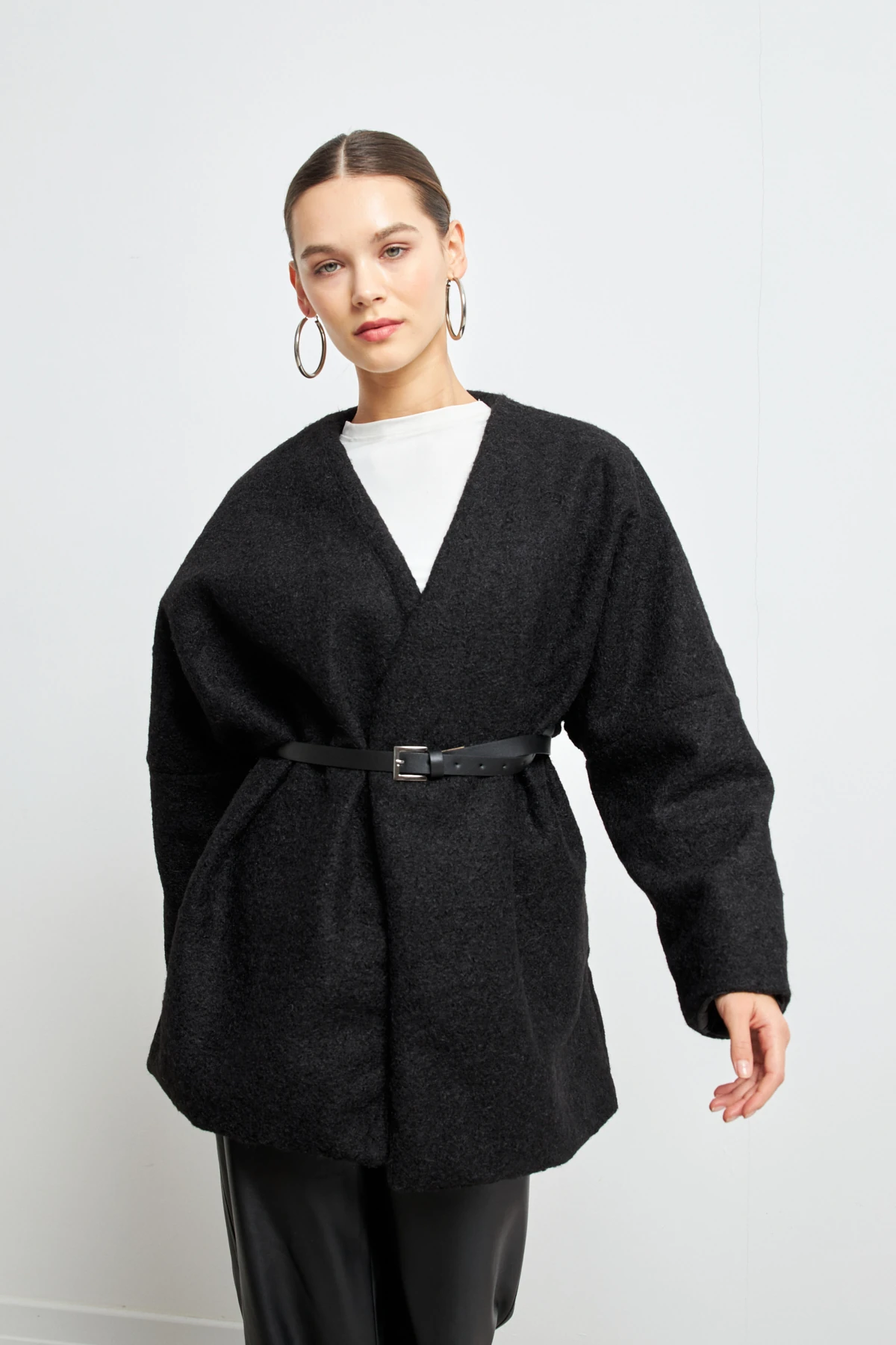 Kemerli Kaşe Ceket-SİYAH