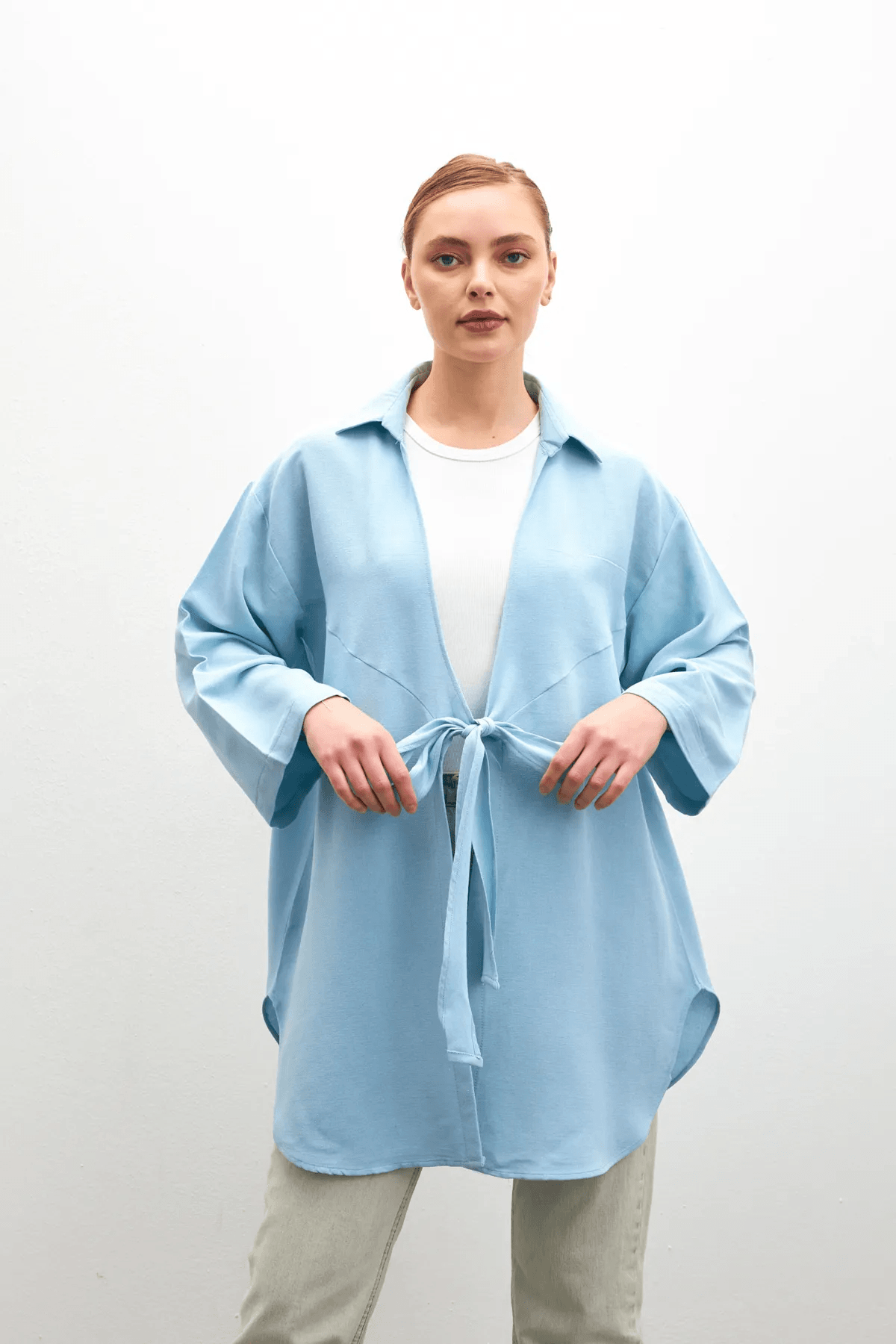 Açık Mavi Bağlama Detaylı Flam Keten Kimono