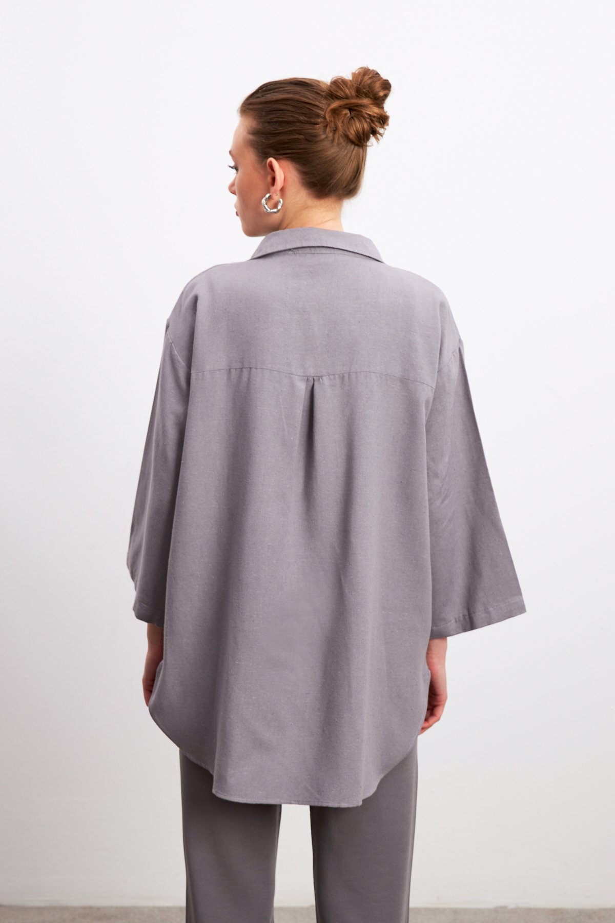 Gri  Bağlama Detaylı Flam Keten Kimono