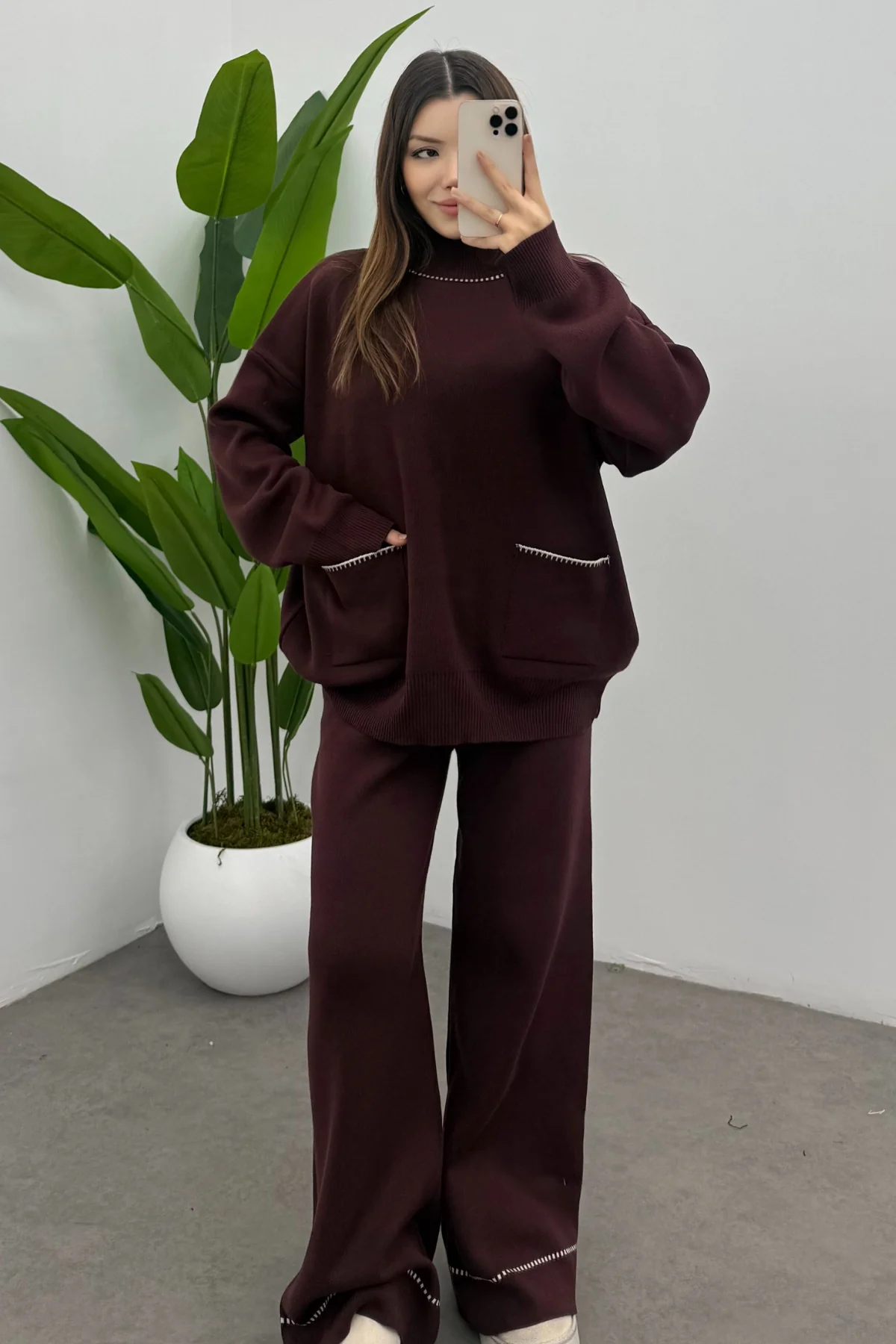 Balıkçı Yaka Kazak Pantolon Triko Takım- Bordo