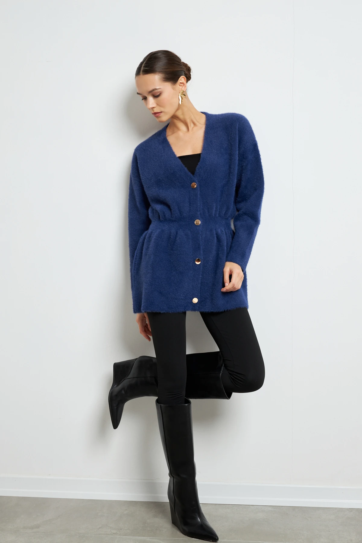 Gold Düğmeli Soft Hırka- LACİVERT