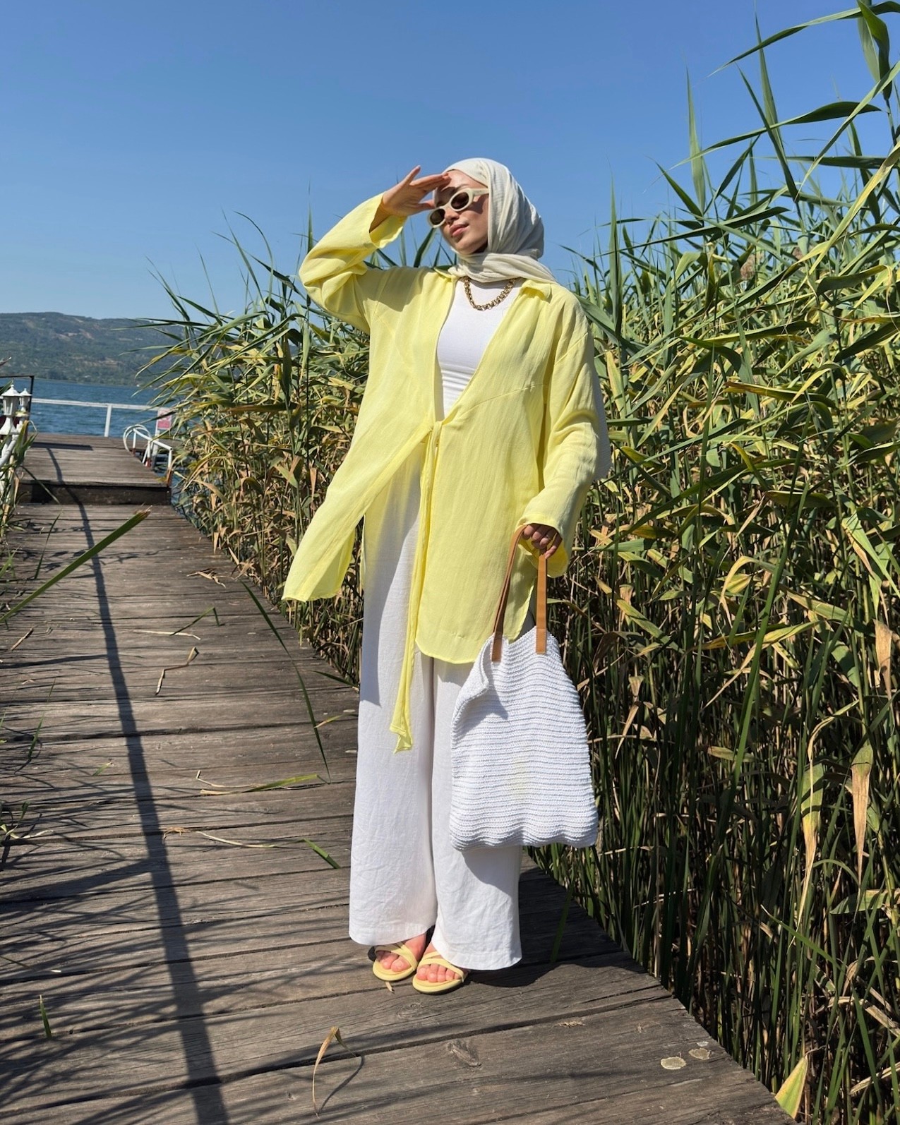 Pastel Sarı Bağlama Detaylı Flam Keten Kimono