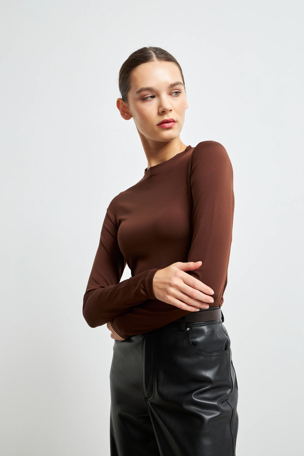 Acı Kahve  Ultra Soft Esnek Bisiklet Yaka Basic Bluz